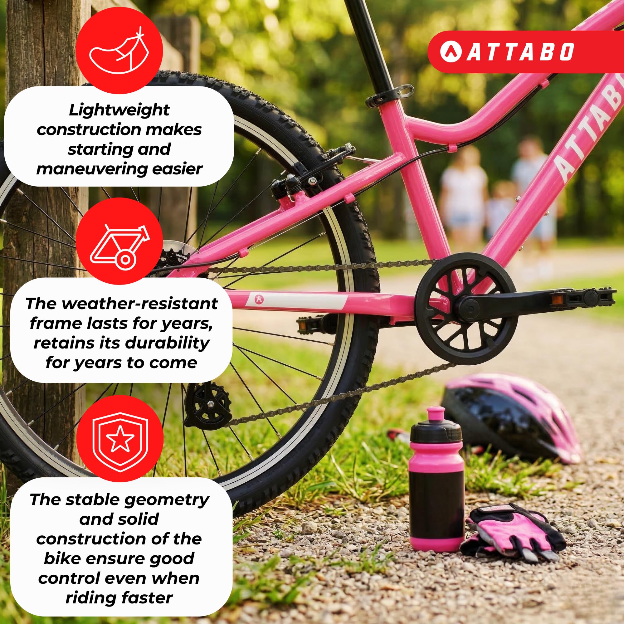 ATTABO Leichtes Kinderfahrrad 10 kg – Fahrrad für Mädchen – Aluminium 6061 – 24 Zoll Rosa – für Schulweg und Ausflüge 7 bis 11 Jahre