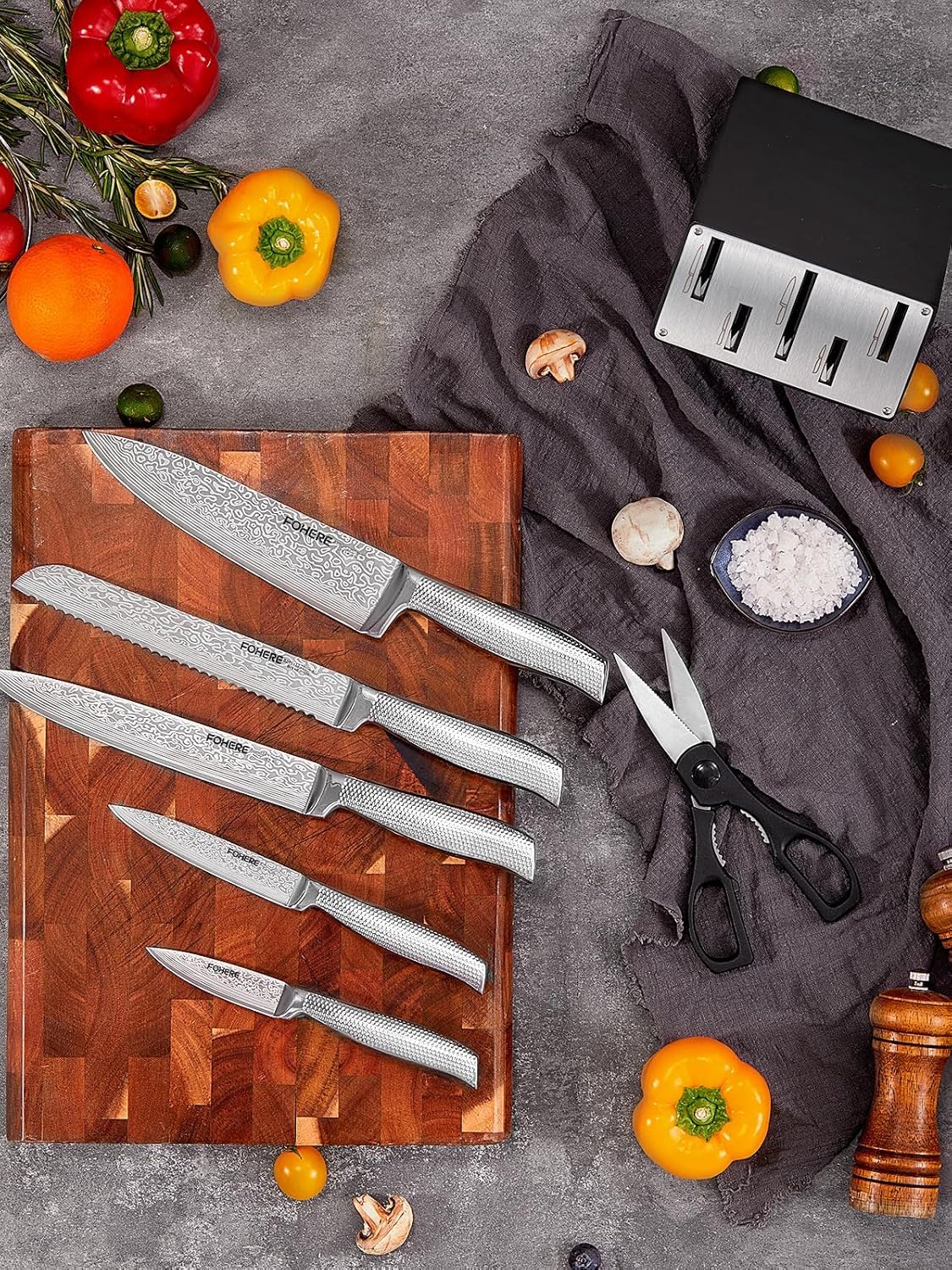 FOHERE Couteau Cuisine, 7 Pièces Set Couteaux Cuisine avec Technologie Affûteur Intégré, Couteaux de Cuisine en Acier Inoxydable, avec Bloc Couteaux en Bois