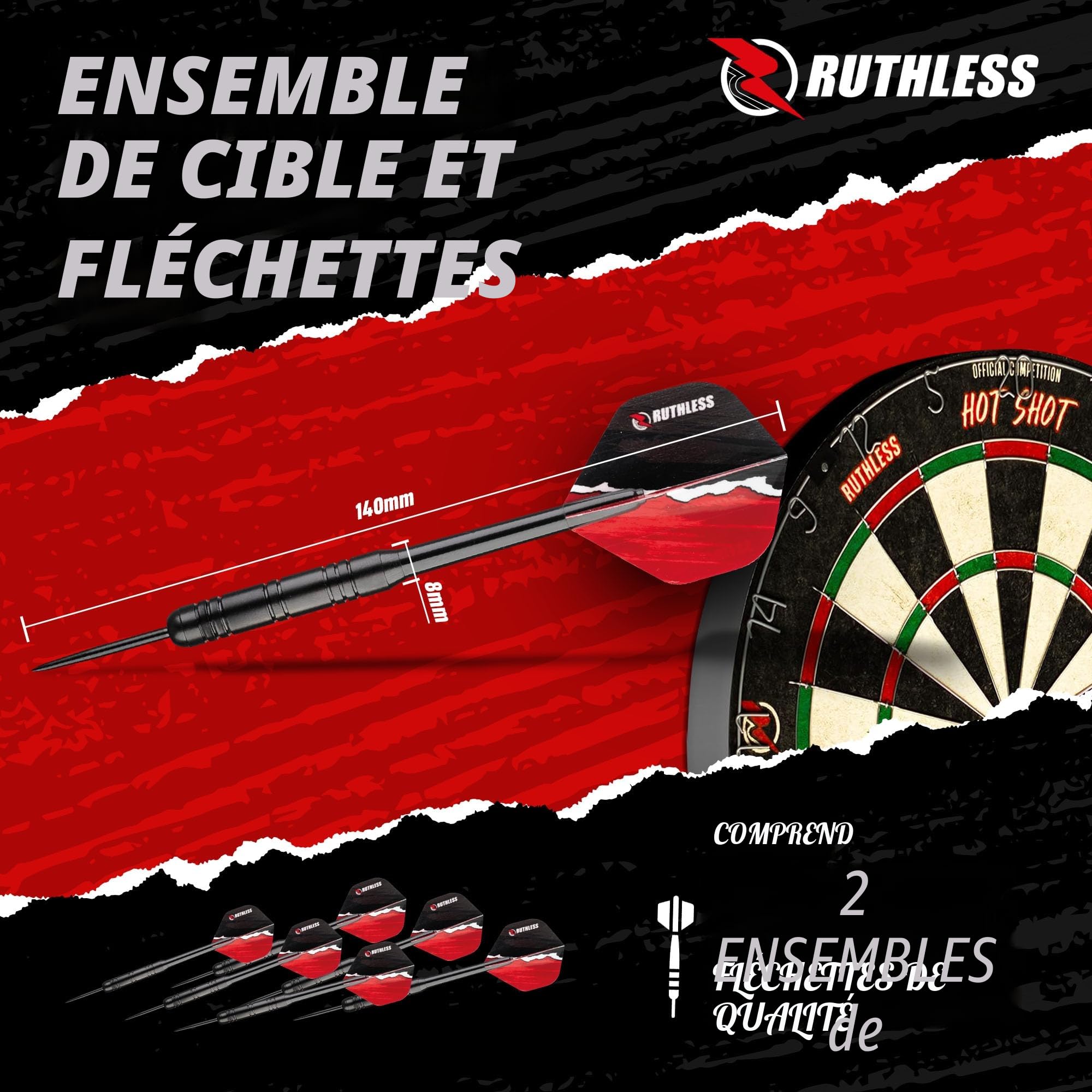 Ruthless Home Darts Centre CAB518 Cible de fléchettes avec armoire, 2 jeux de fléchettes