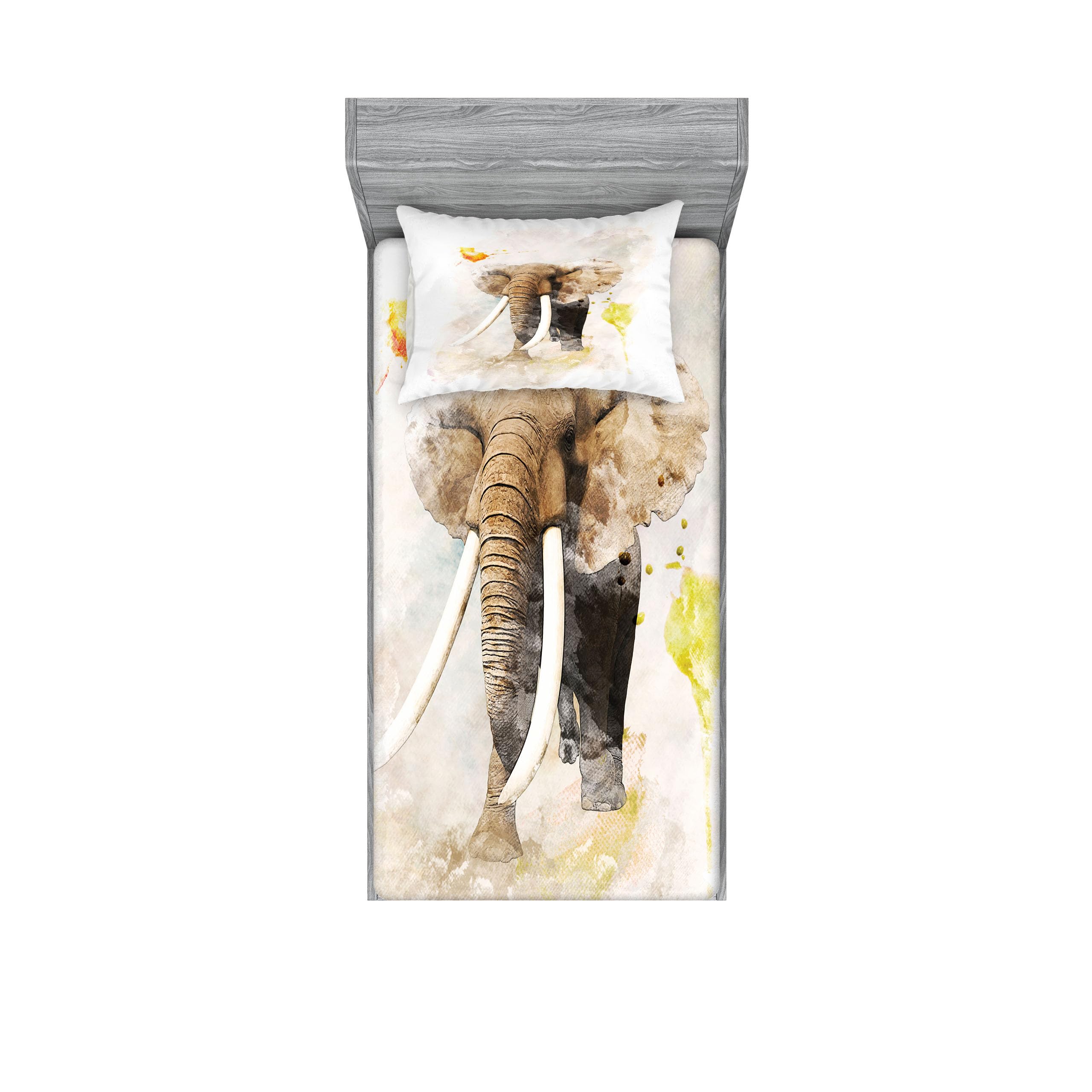 Ambesonne Watercolor Elephant Fitted Sheet & Pillow Sham Set, Majestic Elephant Walking in The Forest with Paintbrush Effects, Decorative Printed 2 Piece Bedding Decor Set, Twinxl, Beige Taupe