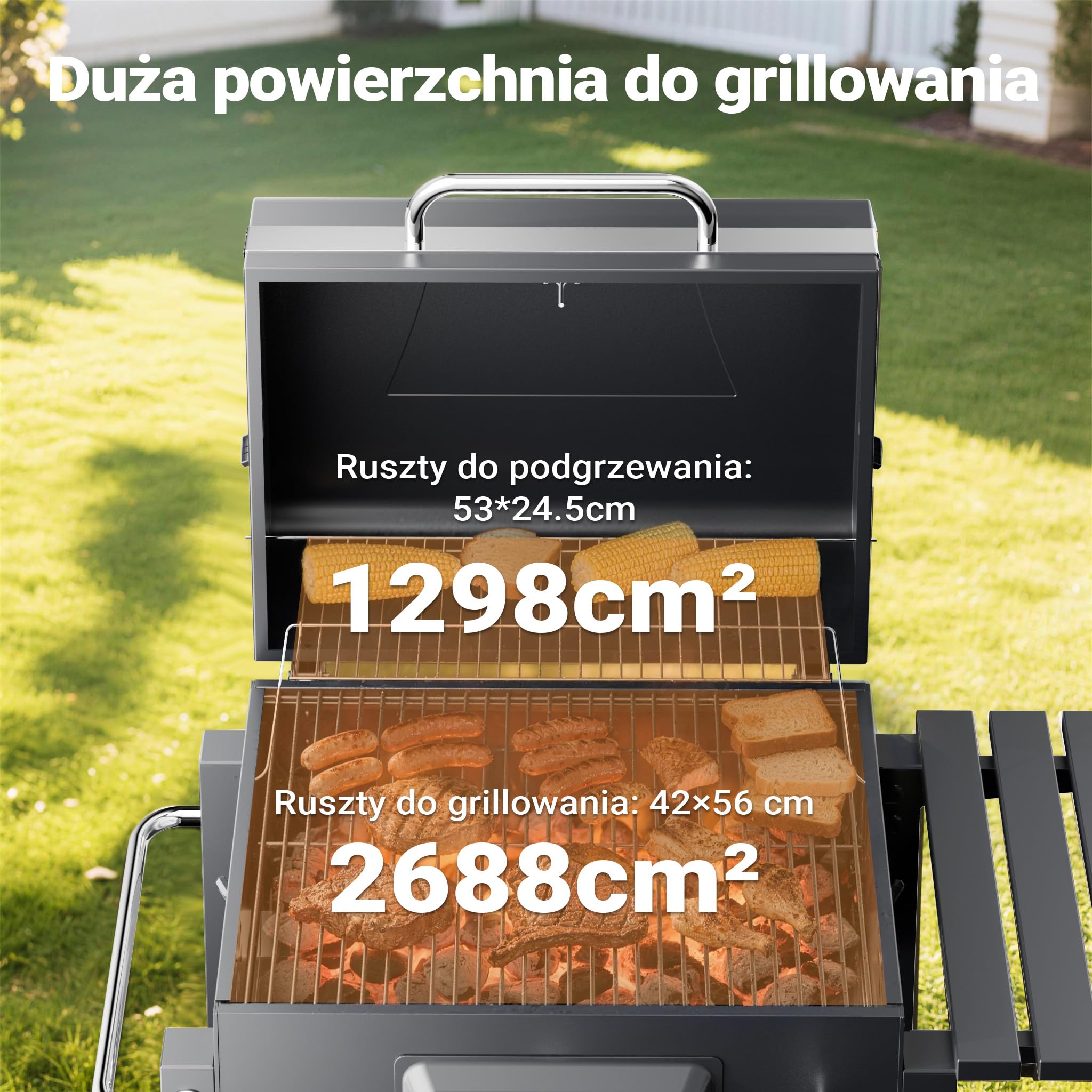 Wiltec Grill węglowy z pokrywą, termometrem i regulacja wysokości półki, prostokątny mobilny grill stojący ze stali do grillowania w ogrodzie