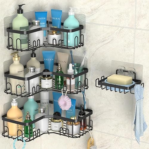 stusgo Carrito de ducha de esquina negro con adhesivo para ducha de acero inoxidable US304 estantes de esquina libres para ducha con 4 ganchos