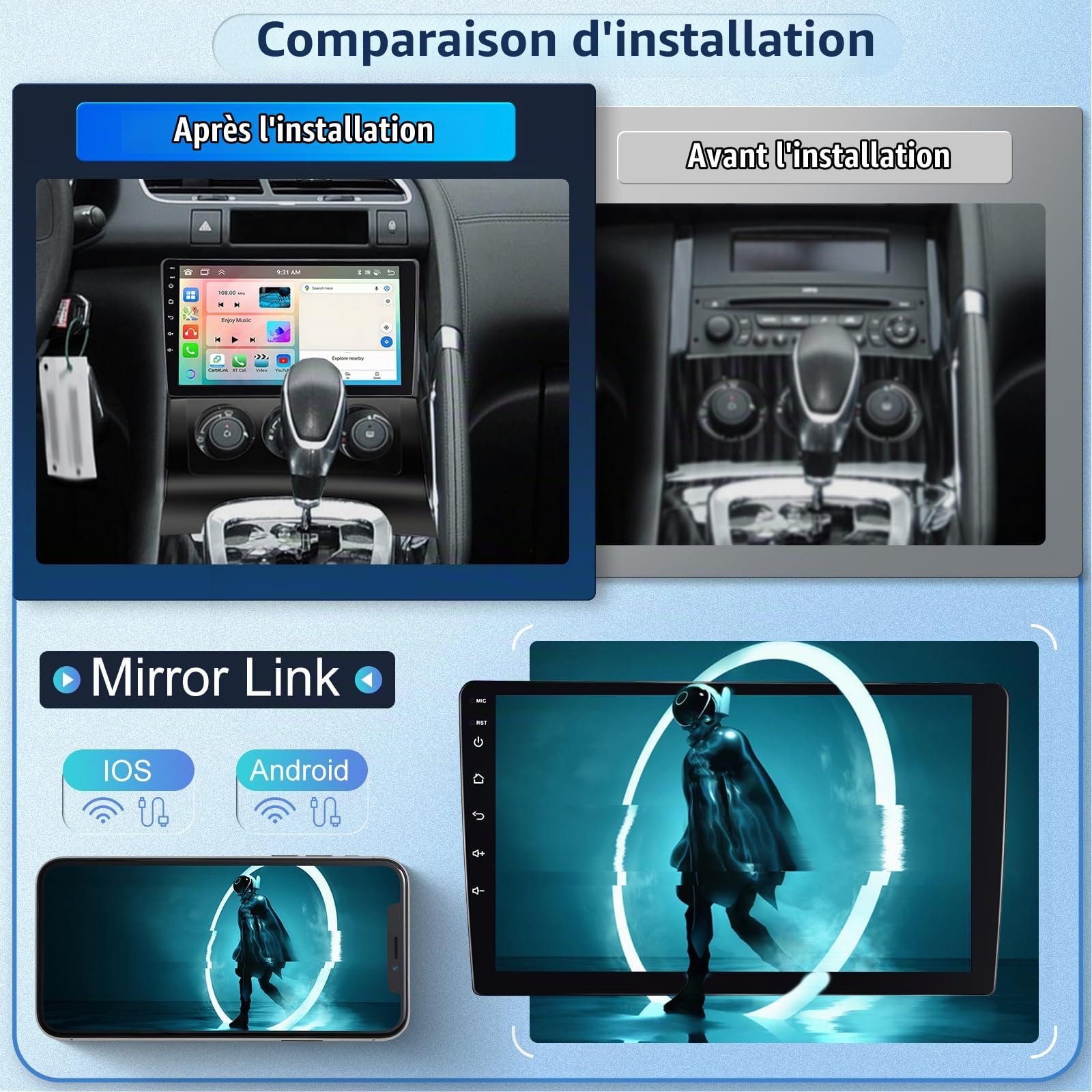 【8 Cœur 4+64G】 Hodozzy Carplay Autoradio pour Peugeot 3008 5008 2009-2015, 9 Pouces Ecran Tactile Android Autoradio avec Android Auto/WiFi/GPS/RDS/FM/Bluetooth/USB/DSP