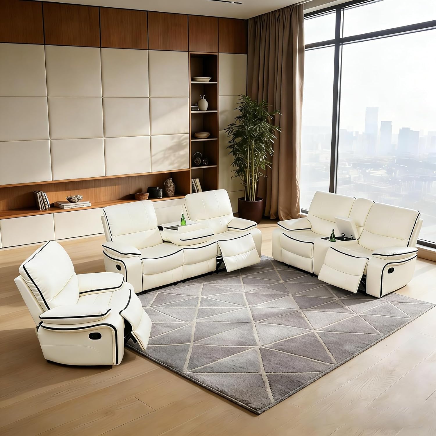 3-Piece Couch Living Room Furniture Sets, Sectional Recliner Sofa Set,Leather Recliner Sofas,Manual Motion,Living Room/Office(Chair, Loveseat & Sofa, Deep Black)