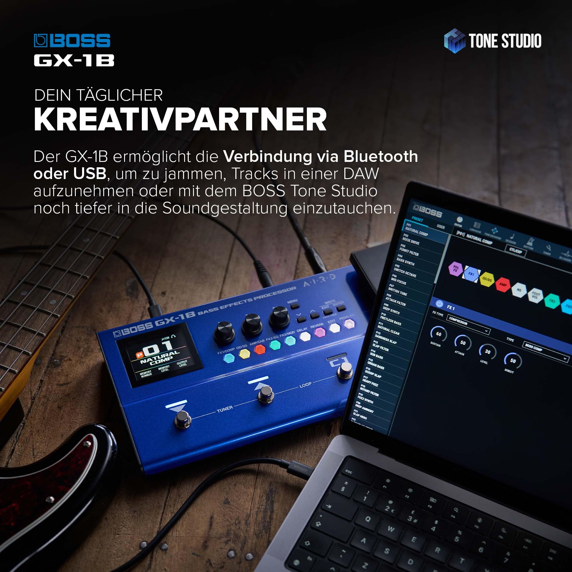 BOSS GX-1B | Ultraportabler Bass-Effektprozessor | Legendäre Verstärker & Effekte | Hochwertige AIRD Soundengine | Ideal für Bass-Einsteiger | Bluetooth-Verbindung | Flexible Leistungsoptionen
