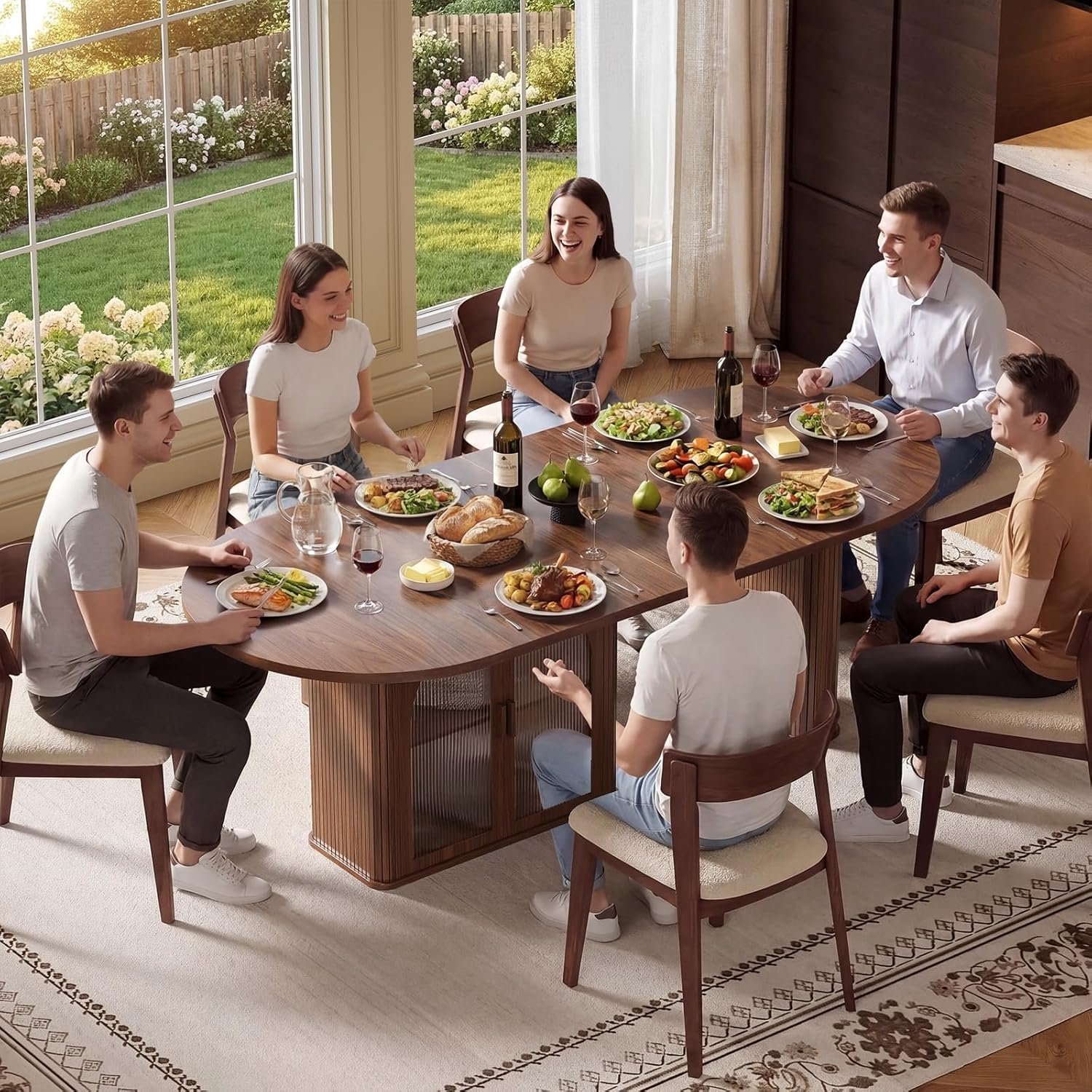 ONBRILL 70 Inch Oval Dining Table for 6-8, Modern Dining Room Table with 2-Tier Storage Space, Wood Kitchen Table with LED Light, Dinner Table with Heavy Duty Legs, Walnut