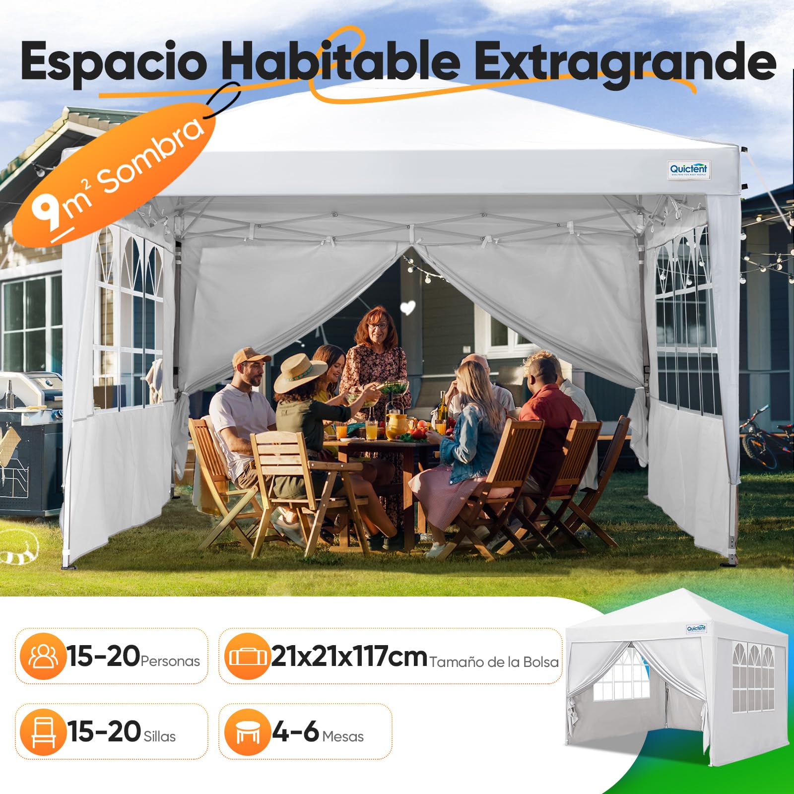 Quictent Carpa Plegable 3x3m Gazebo con Paredes Laterales Extraíbles, Refugio para Eventos de Altura Ajustable, Tienda Portátil para Fiesta de Jardín y Camping, Blanco | Carpa de jardín con paredes laterales, protección UV 50+, bolsa de transporte, marco