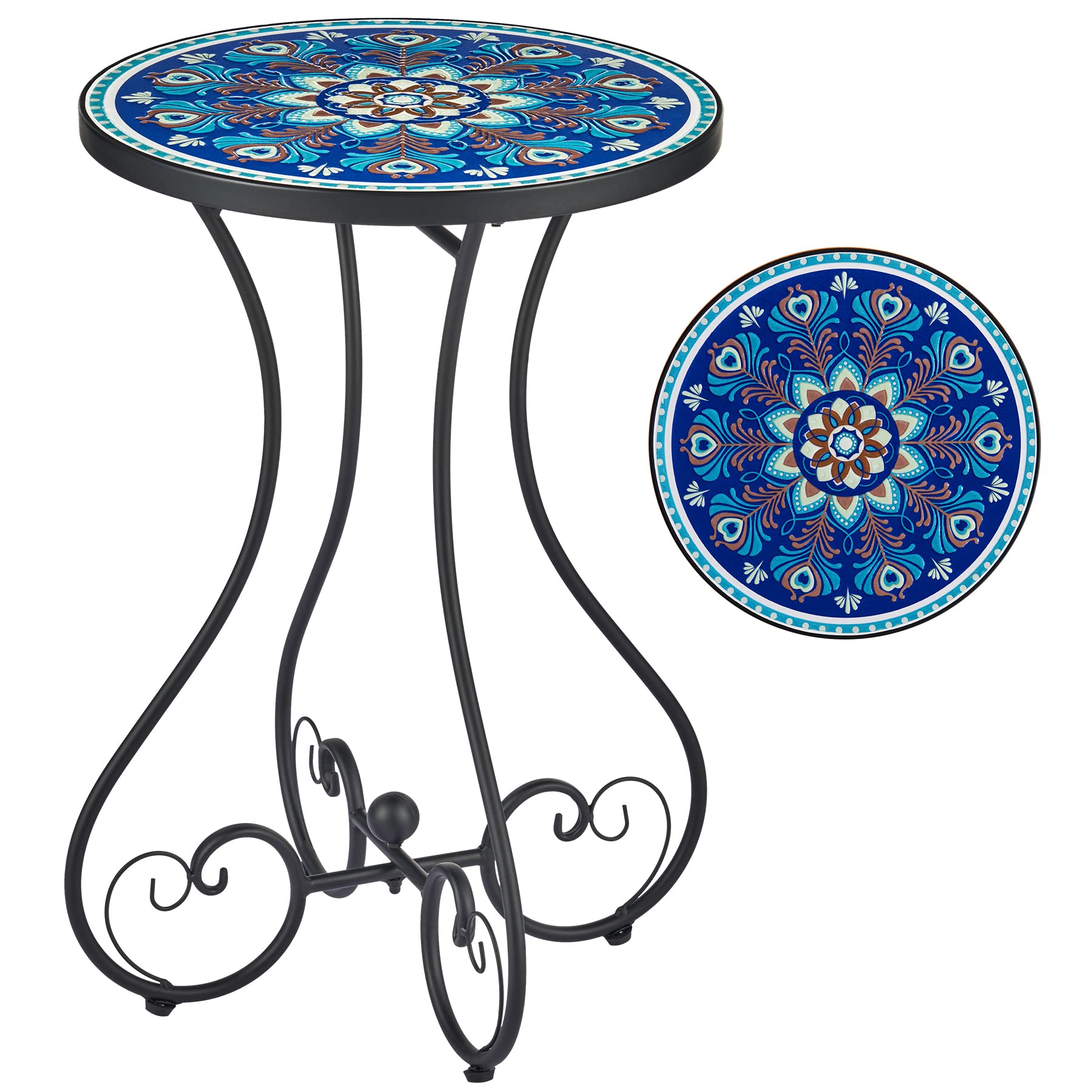Mesa auxiliar para exteriores y soporte para plantas de mosaico, mesa auxiliar redonda de 21 pulgadas con parte superior de azulejos de cerámica de 14 pulgadas para decoración de patio, mesa 8
