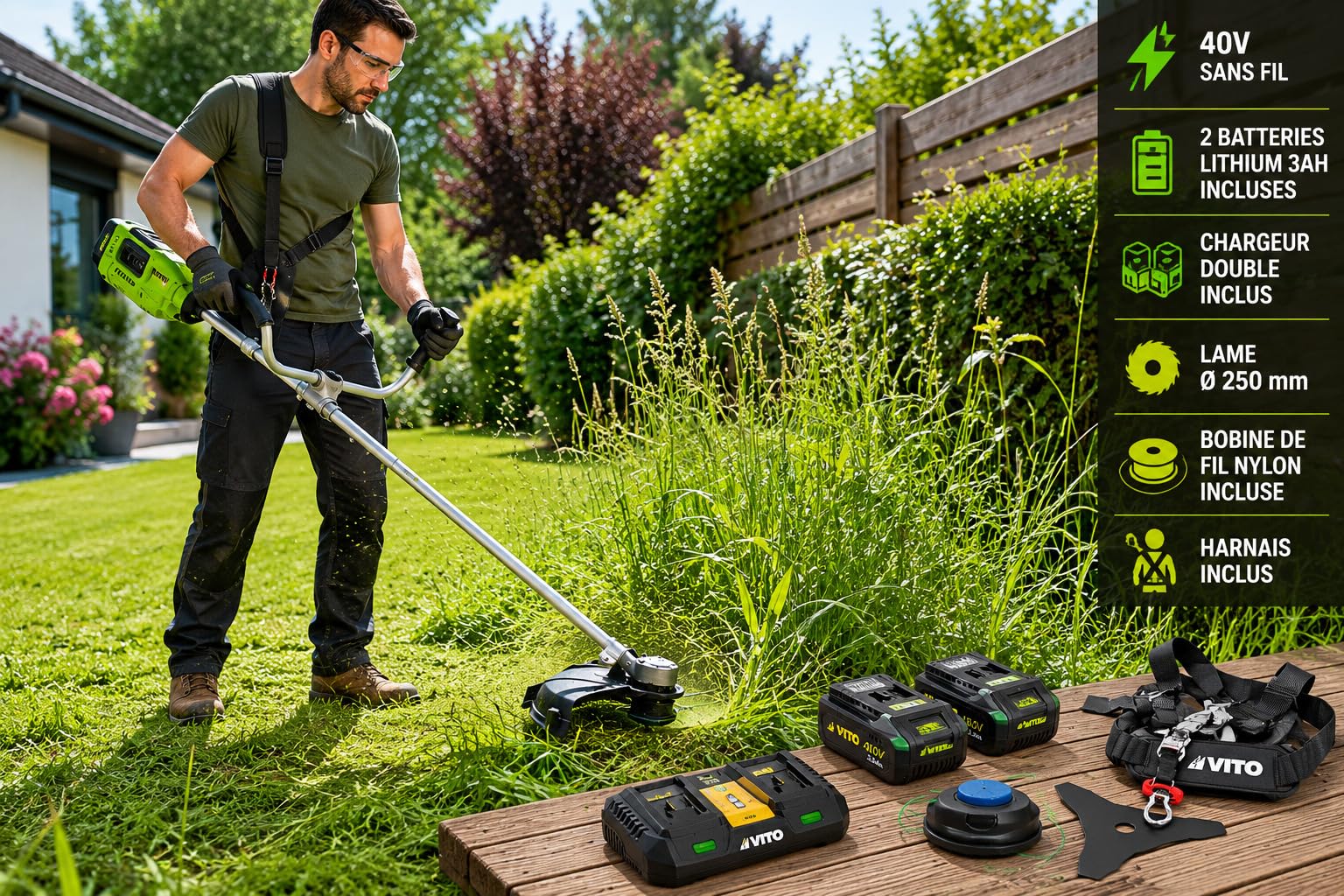 VITO – Desbrozadora y corte borde 40 V + 2 baterías de litio 3 Ah hoja Ø 250 mm + bobina de cable + cargador doble