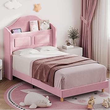 Garveehome Twin Bed Frame for Kids, Upholstered Velvet Princess Platform Bed for Boys/Girls with Wingback, Storage Bookcase Headboard & LED Light, No Box Spring Needed, Noise-Free, Easy Assembly, Pink