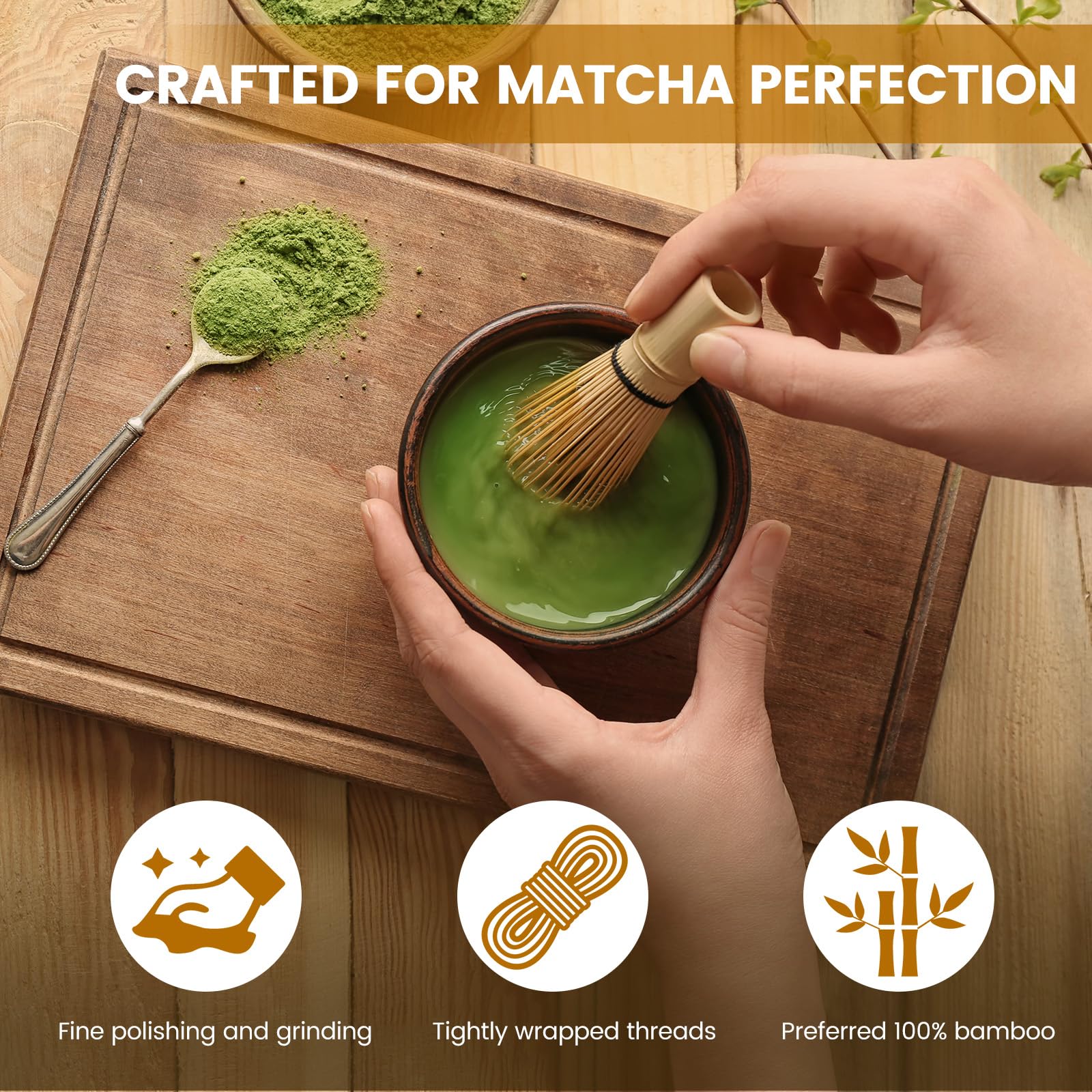 Trzepaczka do herbaty Matcha Chasen z naturalnego bambusa, częściowo ręcznie wykonana, do przygotowywania i mieszania zielonej herbaty Matcha, w kolorze złotym
