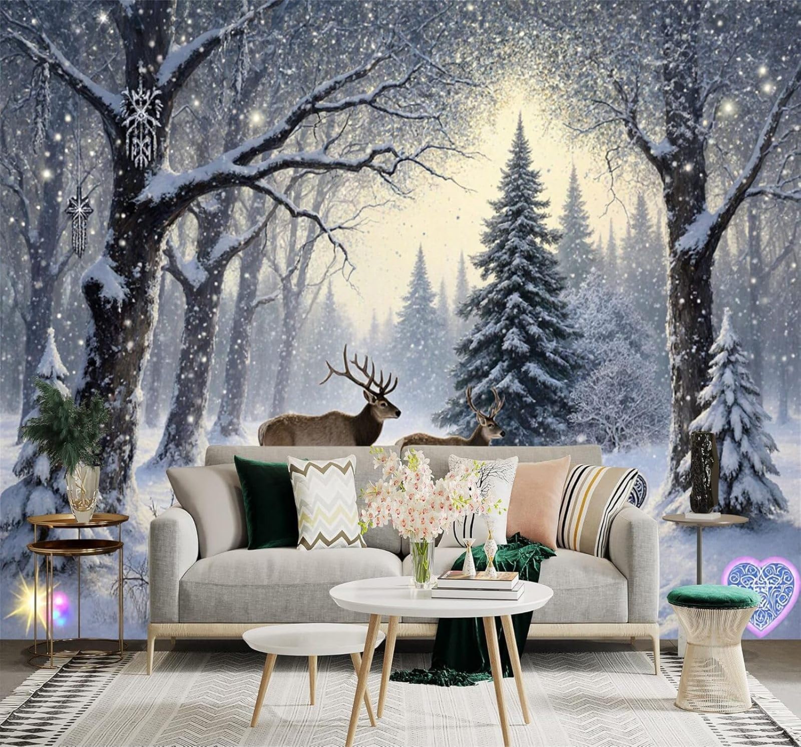 XLMING Picturesque Winter Forest Snowy Landscape Fawn Frozen River 3D Wallpaper Silky Texture Home Study Office Grey Dining Room Sofa Bedroom Living Room TV Backdrop-400cm×280cm