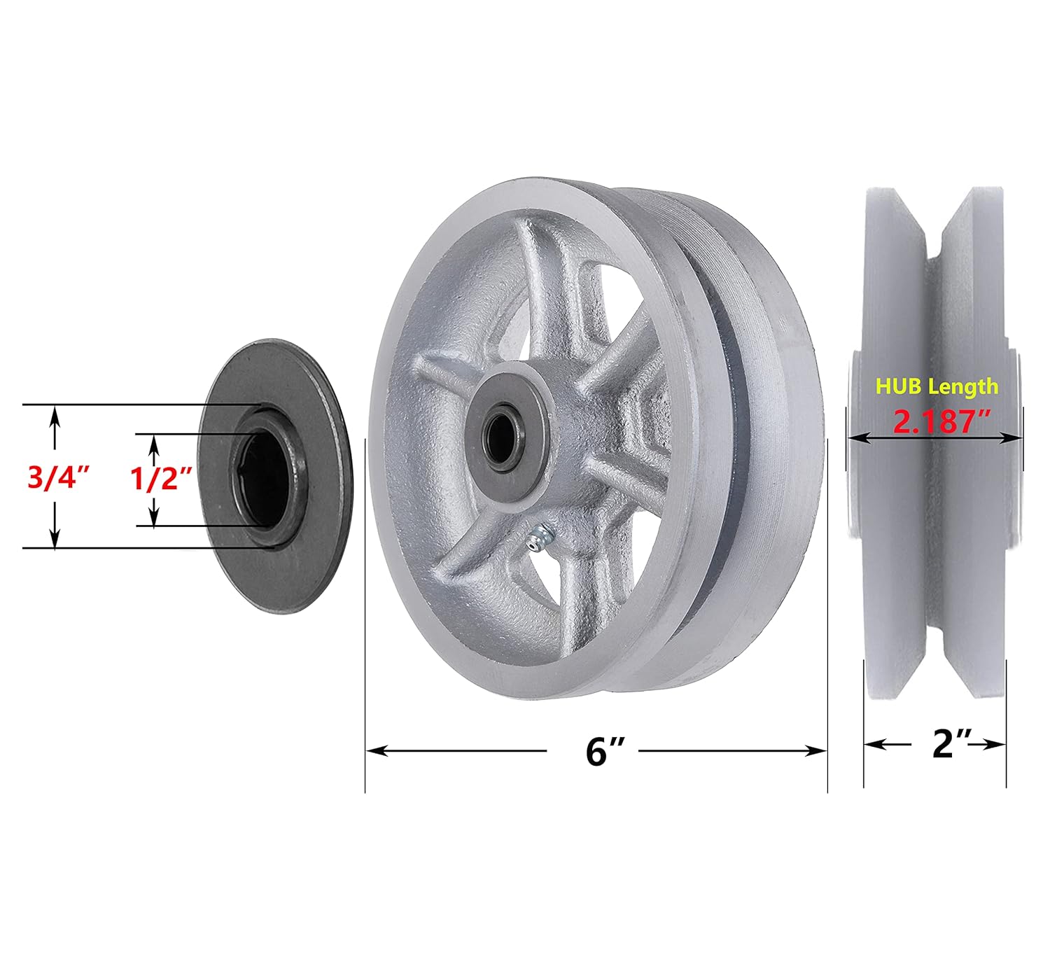 6"x2" Cast Iron V Groove Caster Wheel with Straight Roller Bearing Capacity 1000 lbs (1 Silver Wheel)