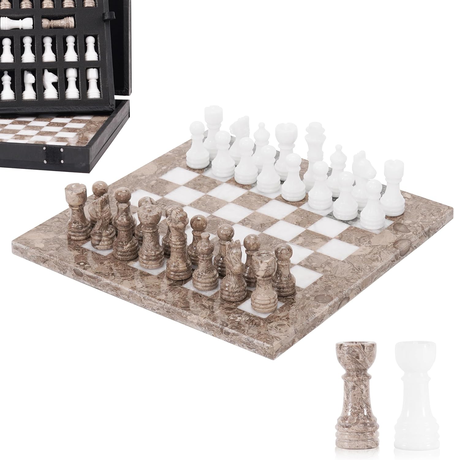 Marble Chess Set for Adults 10" Handmade Oceanic & White Board Game with 32 Chess Pieces, 2 Extra Queens & Storage Box, Luxury Travel Game, Elegant for Home Decor