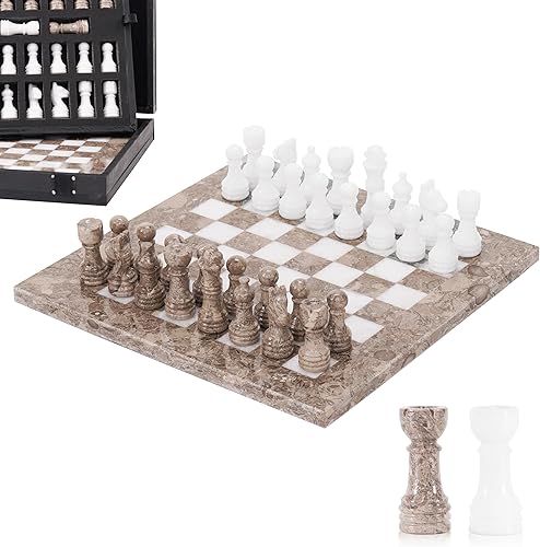 Juego de ajedrez de mármol para adultos de 10 pulgadas, hecho a mano, juego de mesa oceánico y blanco con 32 piezas de ajedrez, 2 reinas adicionales