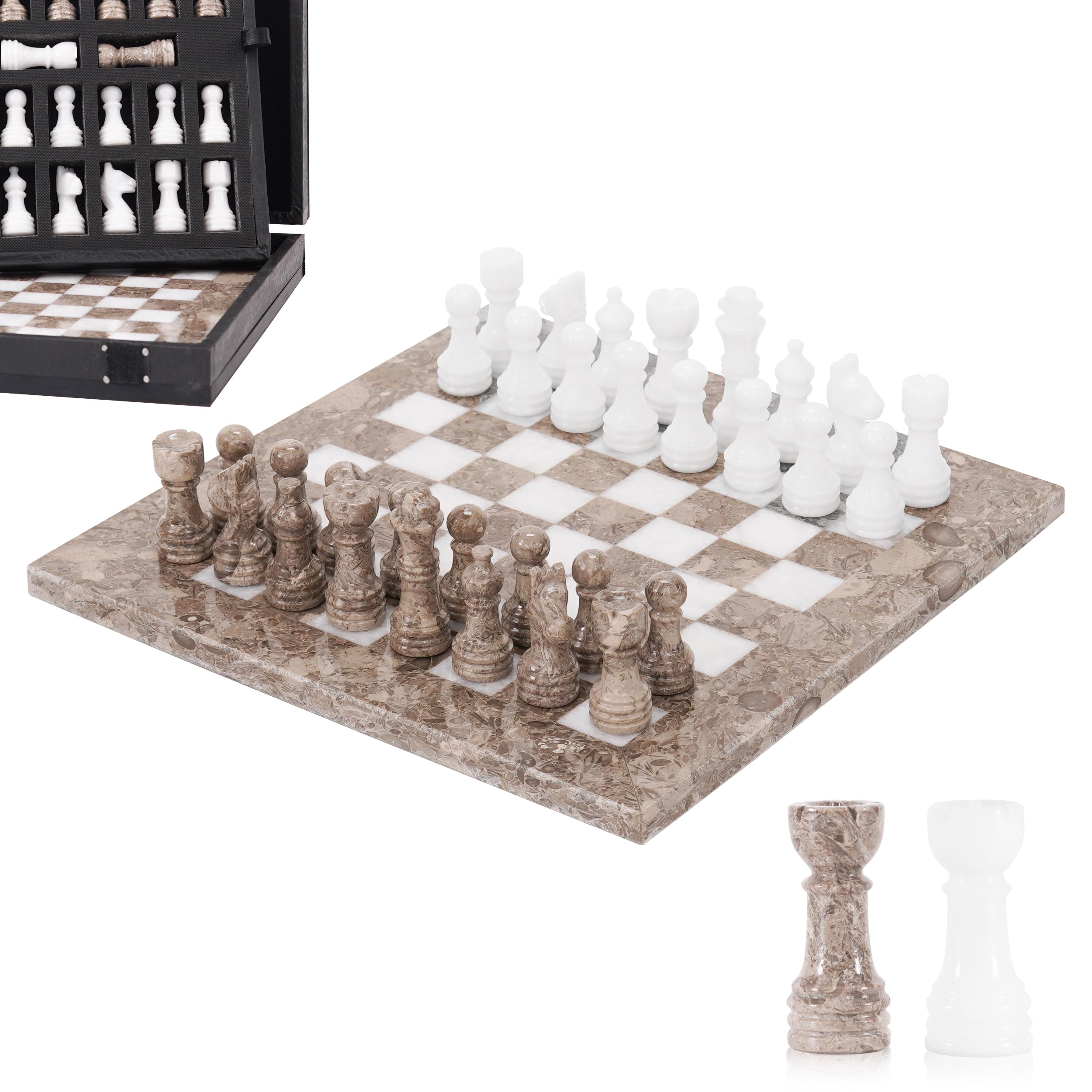 Marble Chess Set for Adults 10" Handmade Oceanic & White Board Game with 32 Chess Pieces, 2 Extra Queens & Storage Box, Luxury Travel Game, Elegant