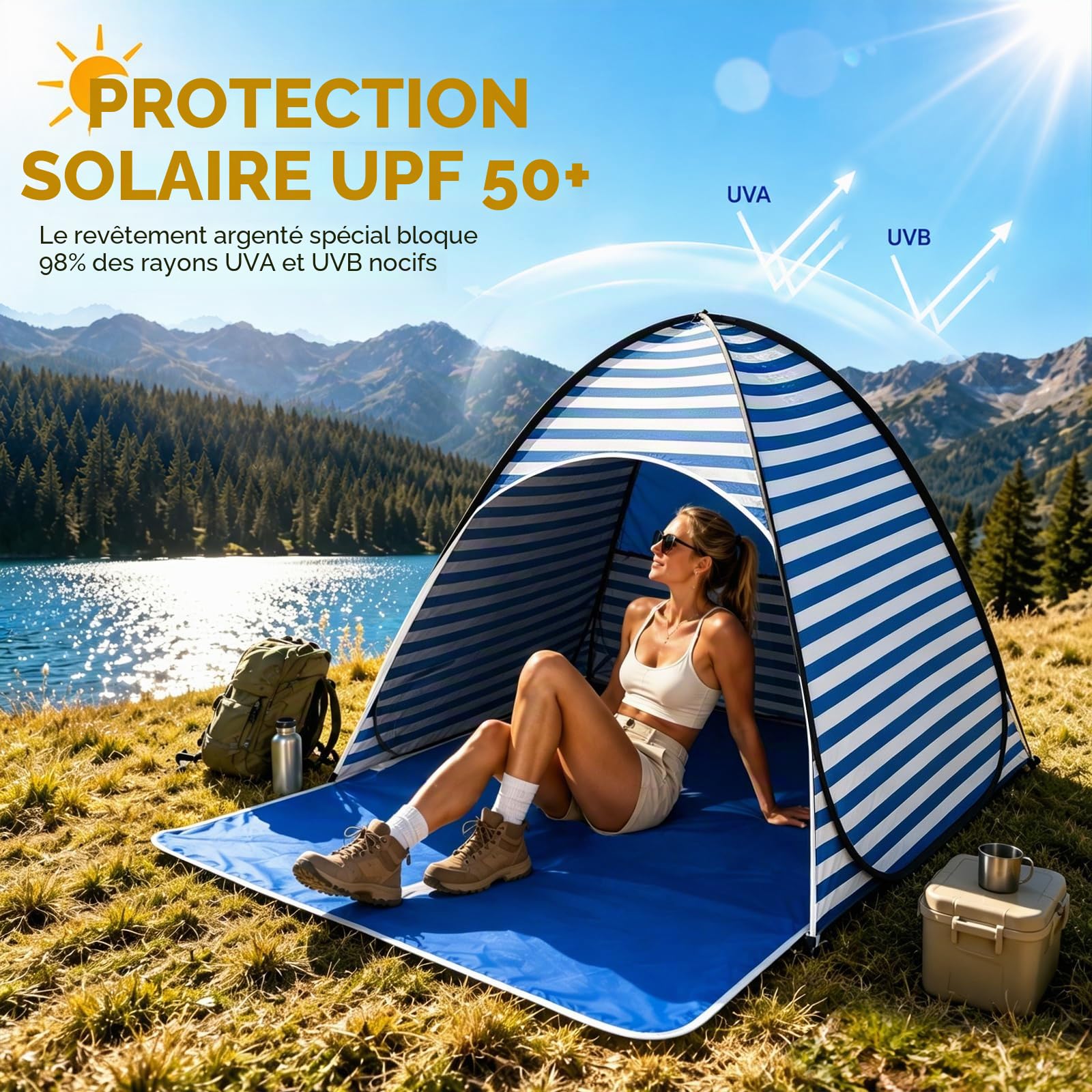 Tente de Plage Pop-Up, Abri de Plage Pop-Up, Protection UV 50+, pour 2 à 3 Personnes, avec Sac de Rangement et Sardines, Idéal pour Le Camping Familial, Les Pique-niques et la Plage (Bleu)