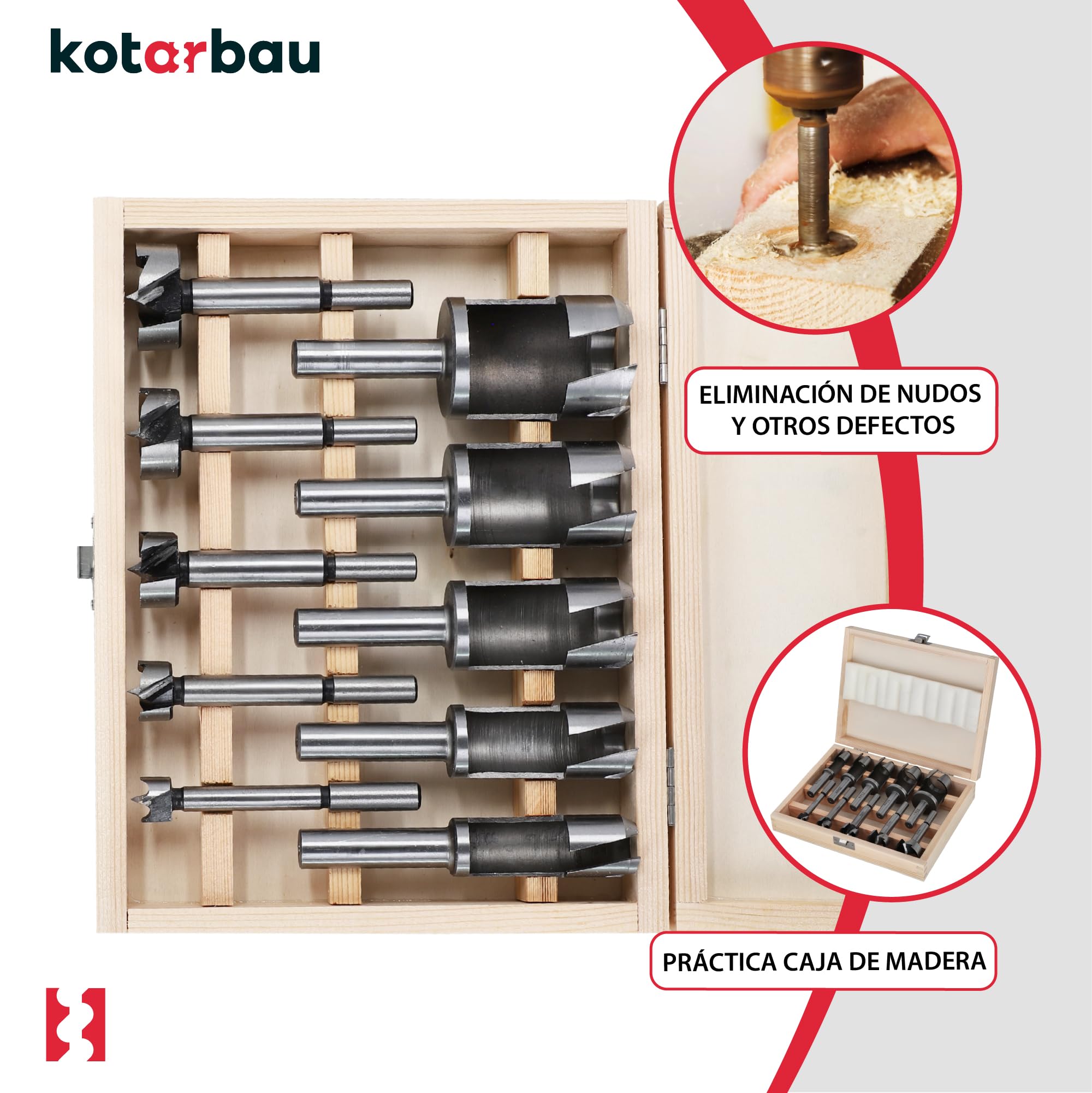 KOTARBAU® Juego de 10 brocas para madera (15-35 mm, con caja de madera)