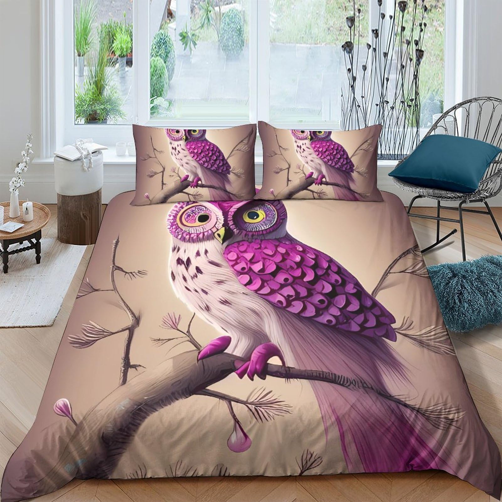 GPLZQXKJNH 3D Printed Purple Owl Duvet Cover Microfiber Soft Breathable Forest Animal Bedding Set with 2 Pillowcases for Bedroom Decor Single（135x200cm）