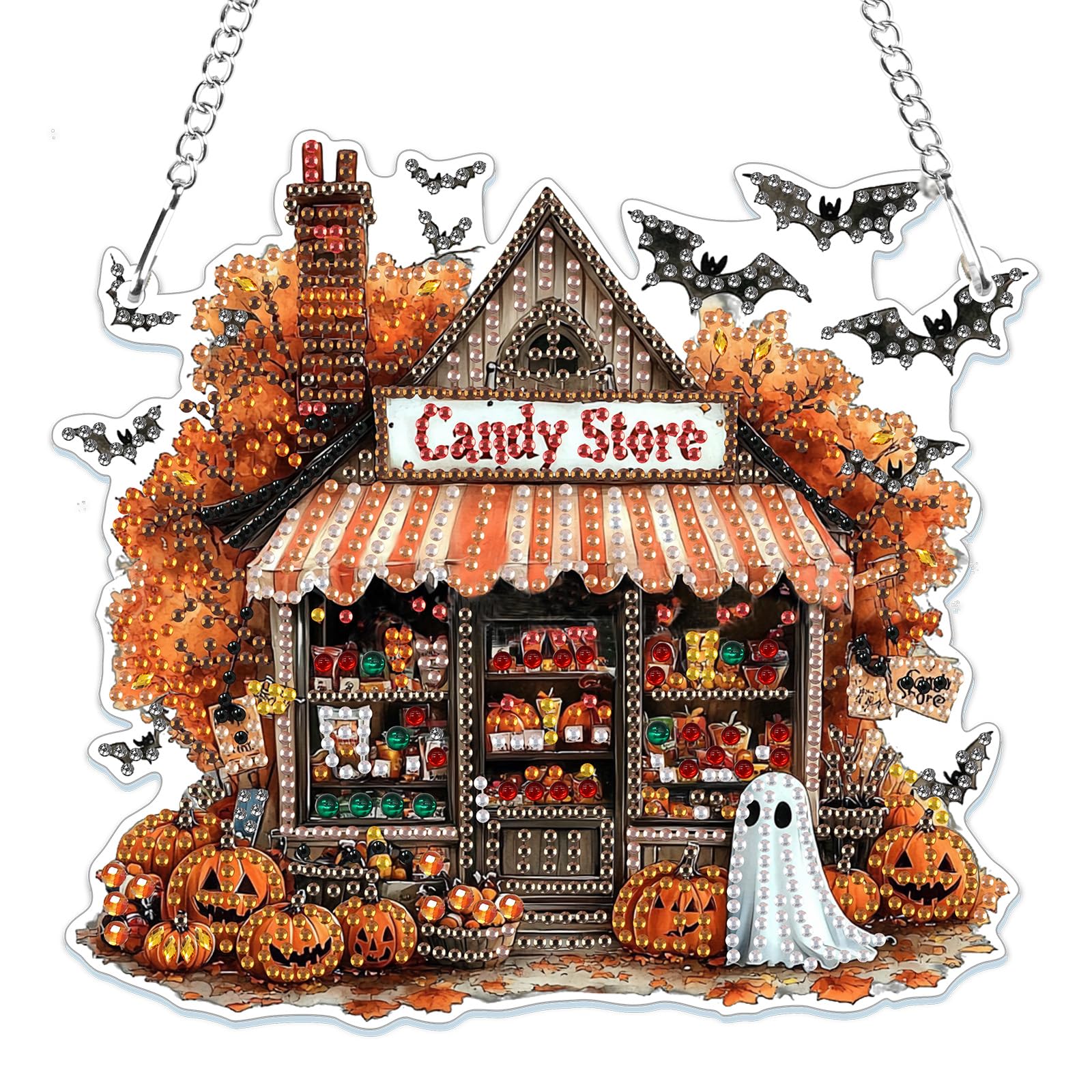 MOGTAA Pumpkin Halloween Diamond Art Hanging Ornaments with Chain, Candy Store Diamond Painting Kits for Adults Kids, Crystal Rhinestones Diamond Painting Ghost Gem Art for Home Decor Gift