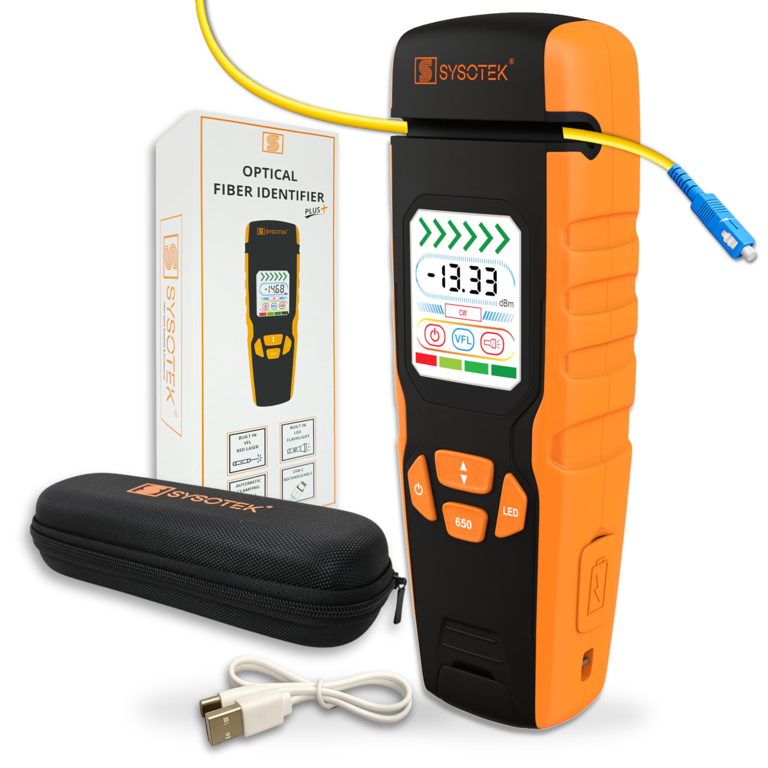 Optical Fiber Identifier – Live Traffic Signal Detector (OFI), USB-C Rechargeable | 850–1700 nm Detection | Built-in Visual Fault Locator | Telecom