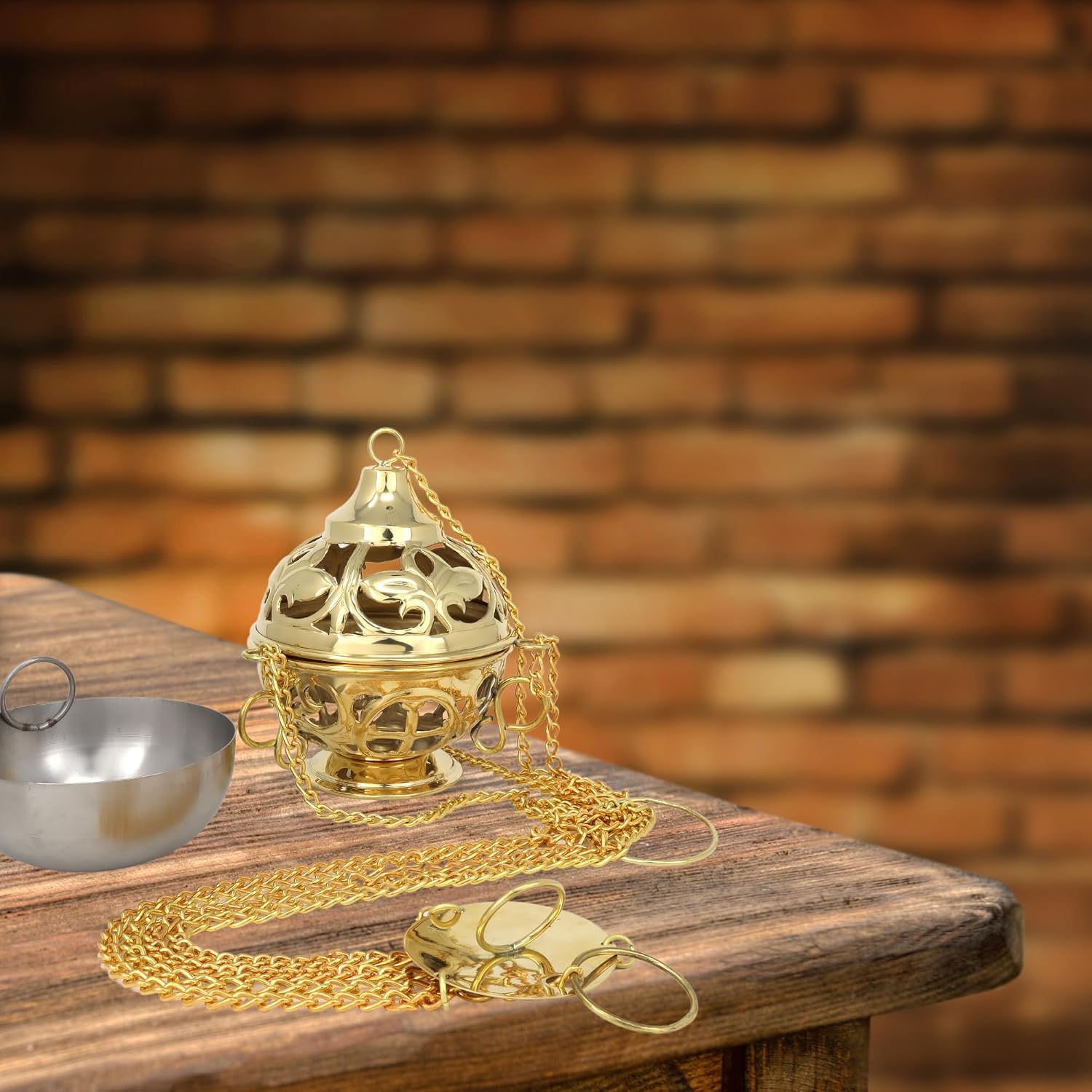 Needzo Large Hand Carved Charcoal Incense Burner, Hanging Censer, Catholic Church Supplies, 36 Inches