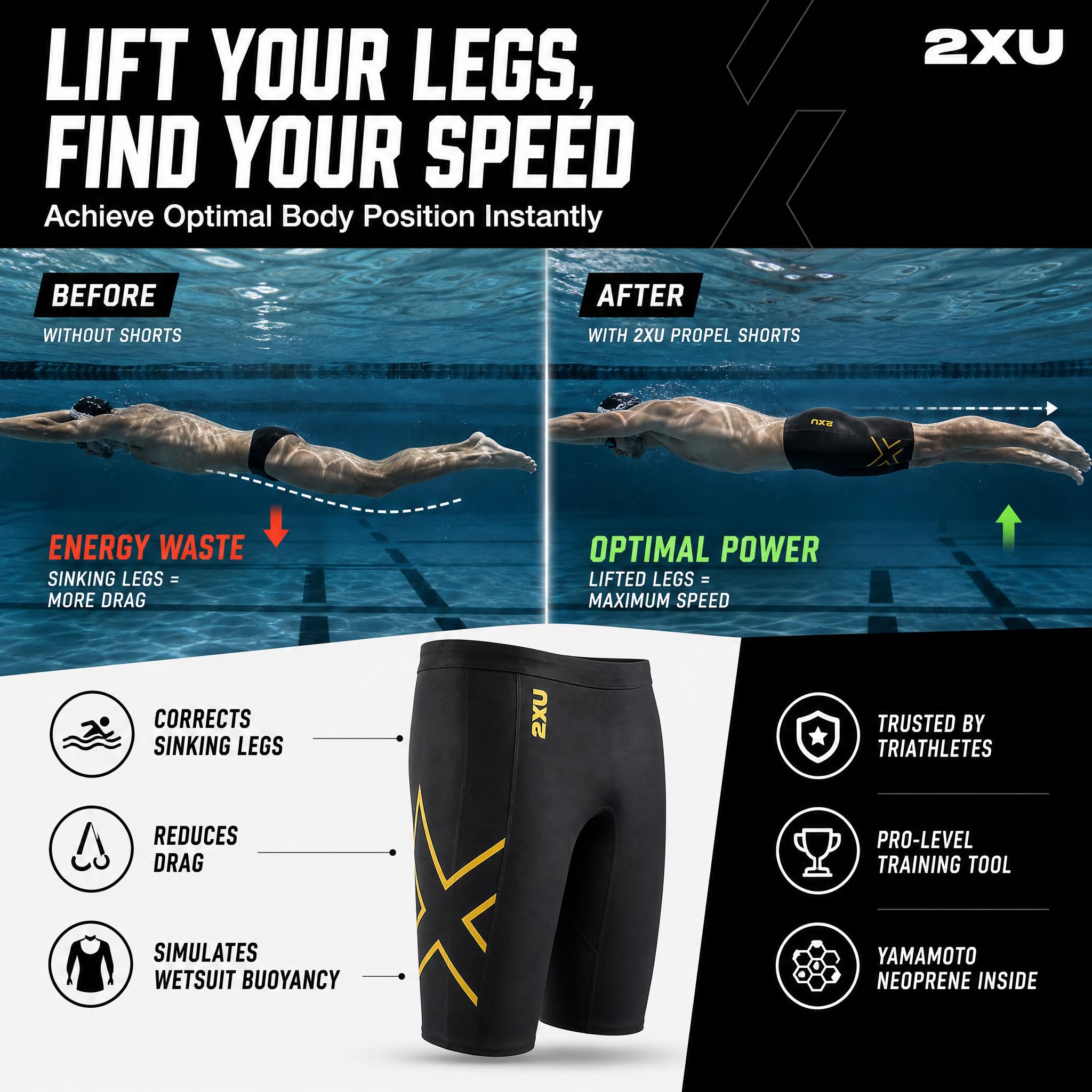 2XU - Krótkie spodenki wyporowe - gumowy nylonowy materiał do pływania - czarny