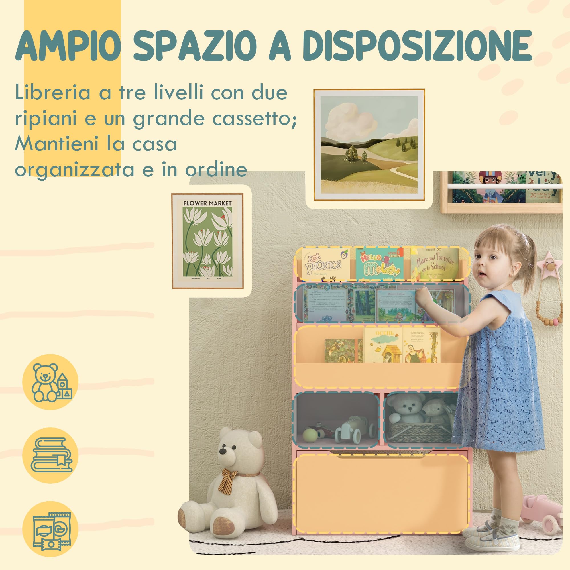 HOMCOM Piccola Libreria per Bambini con Ripiani, Cassetto e Ruote, Scaffale per Giocattoli e Libri in MDF per Cameretta, 60x29.9x90cm, Rosa