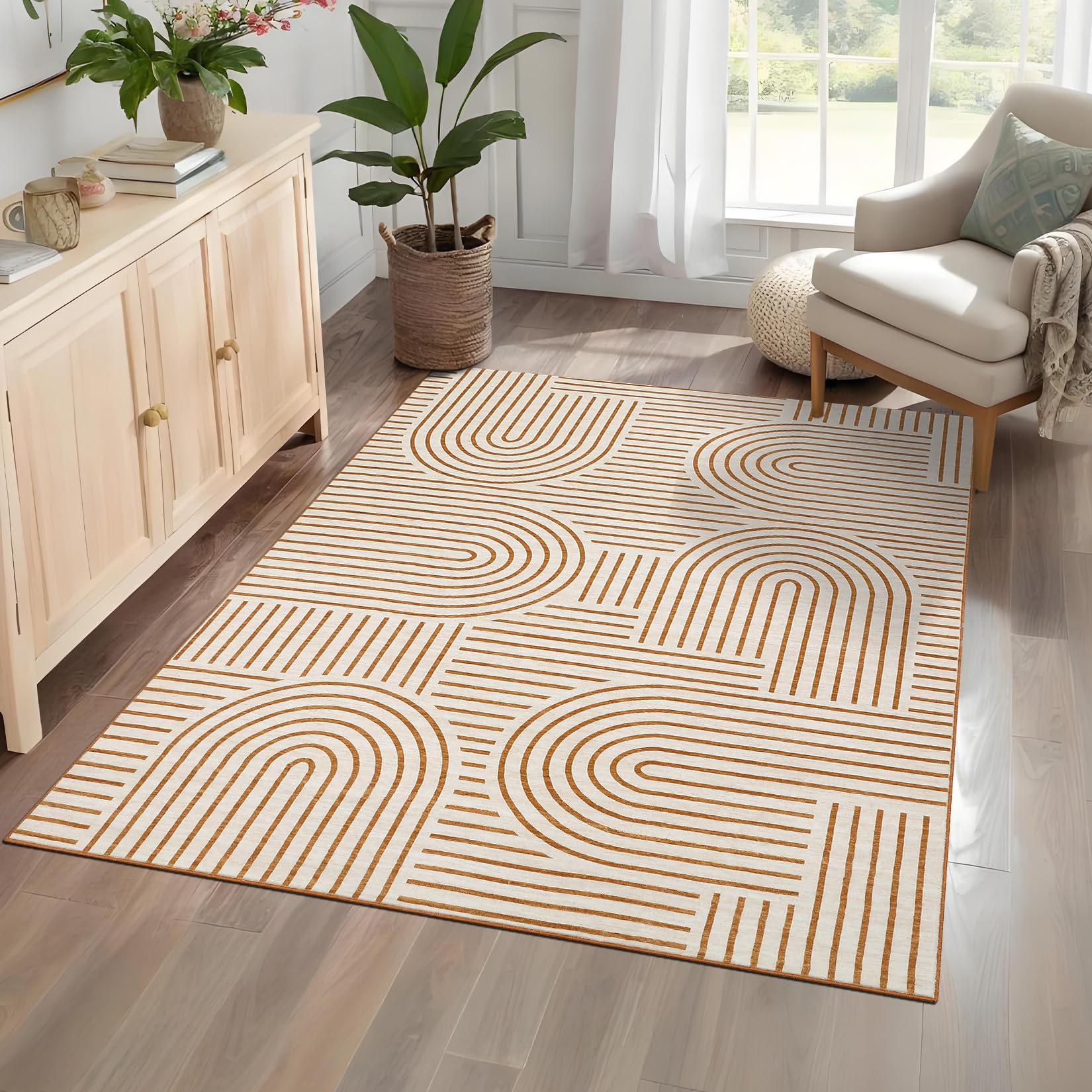 Garvee Teppich Wohnzimmer 200x290 cm Orange, Waschbar & Faltbar Kaschmir-Optik XXL, Modernes Rhythm Design, Rutschfester Großer Läufer für Schlafzimmer & Esszimmer
