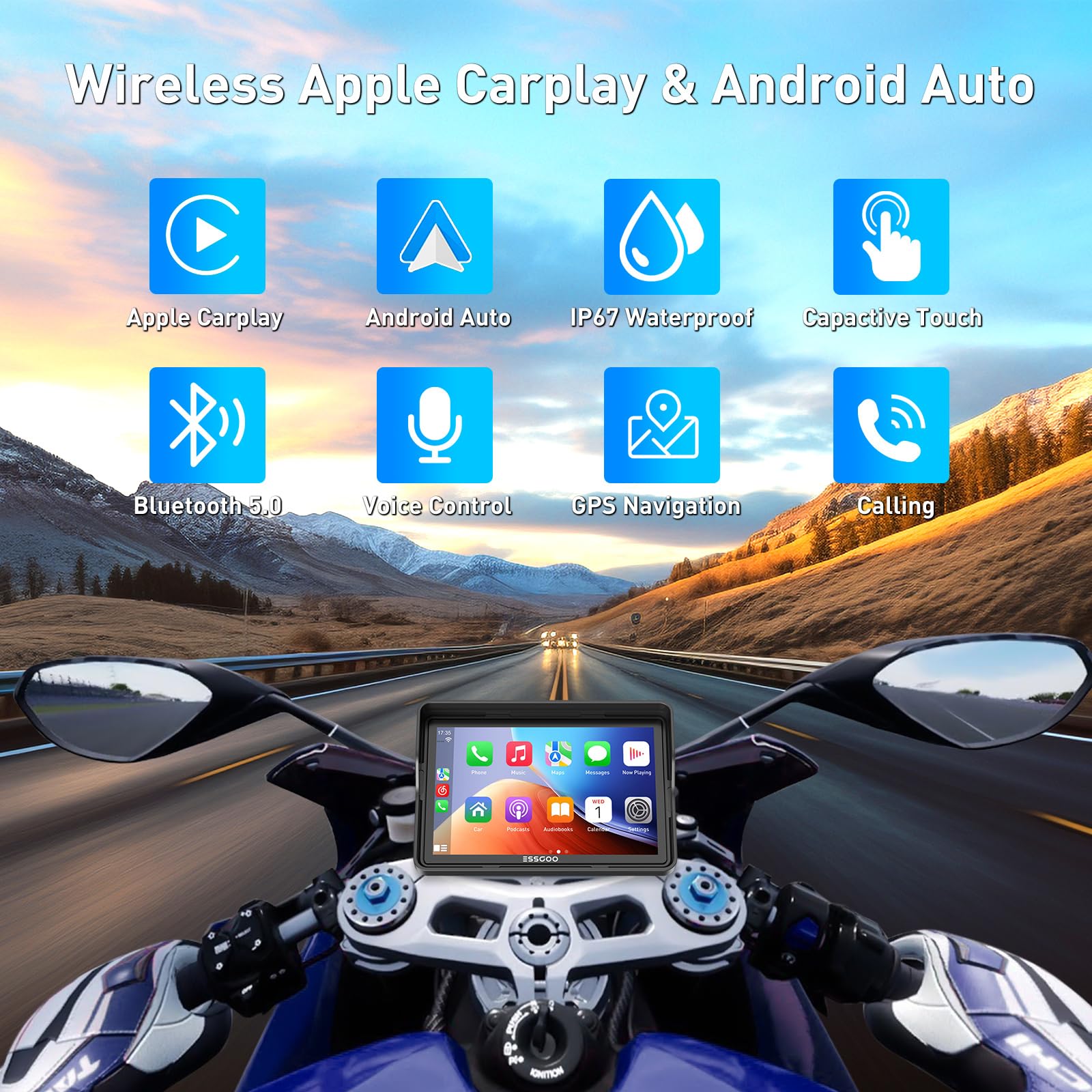 ESSGOO CarPlay moto wireless 5 pollici schermo touch impermeabile GPS Bluetooth Android Auto