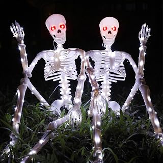 Halloween Decorations Outdoor Skeletons Set - 2 Pack 36" (90cm) Light Up Skeleton with LED Lights & 2 Red Eyes, Poseable Full Body, Indoor Halloween Decor for Yard, Porch (White)