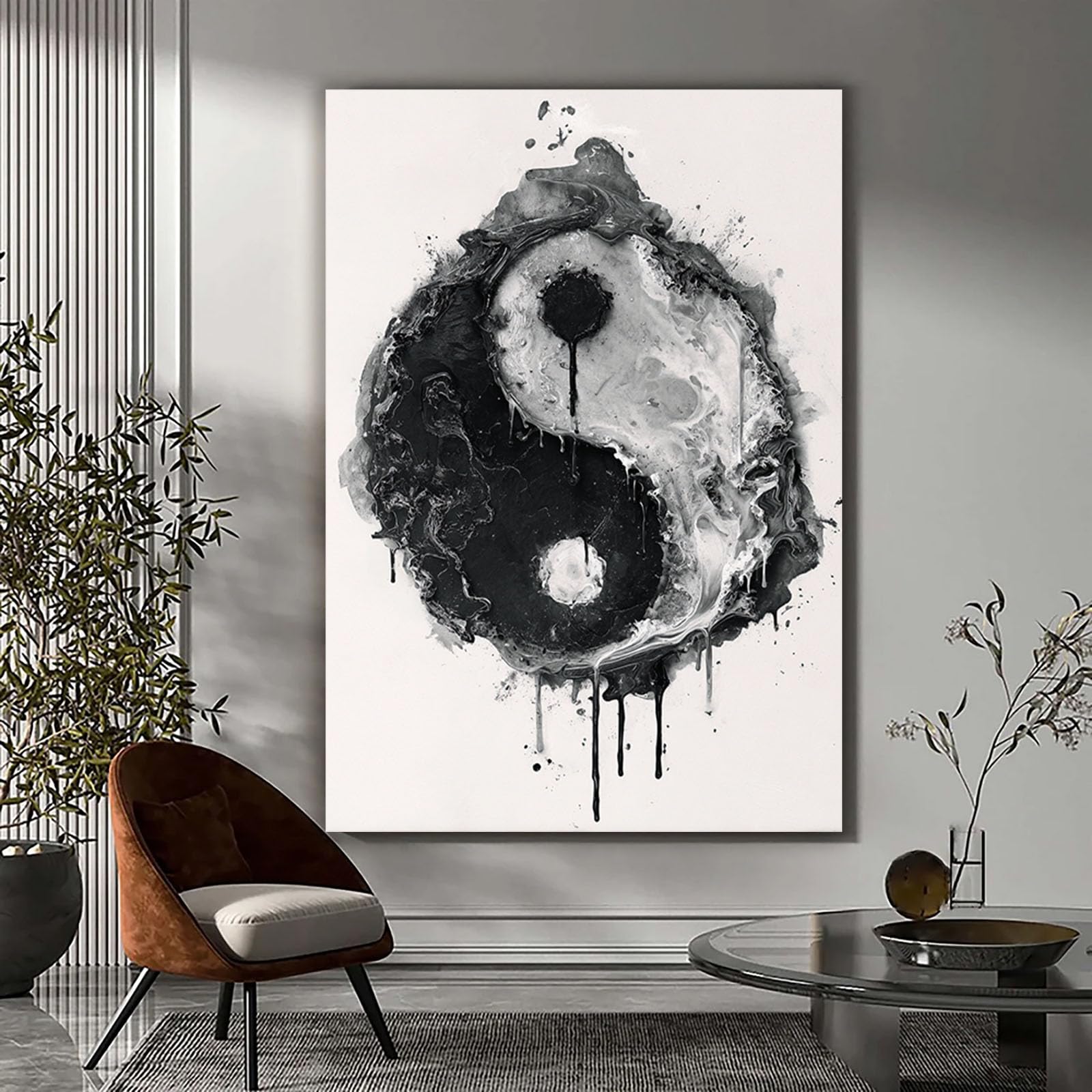XENIOU tableau noir et blanc Peinture abstraite de Tai Chi tableau toile decoration murale, Pour salle de bain, salon, chambre, bureau, cuisine.(noir et blanc)-60x90cm Encadrée