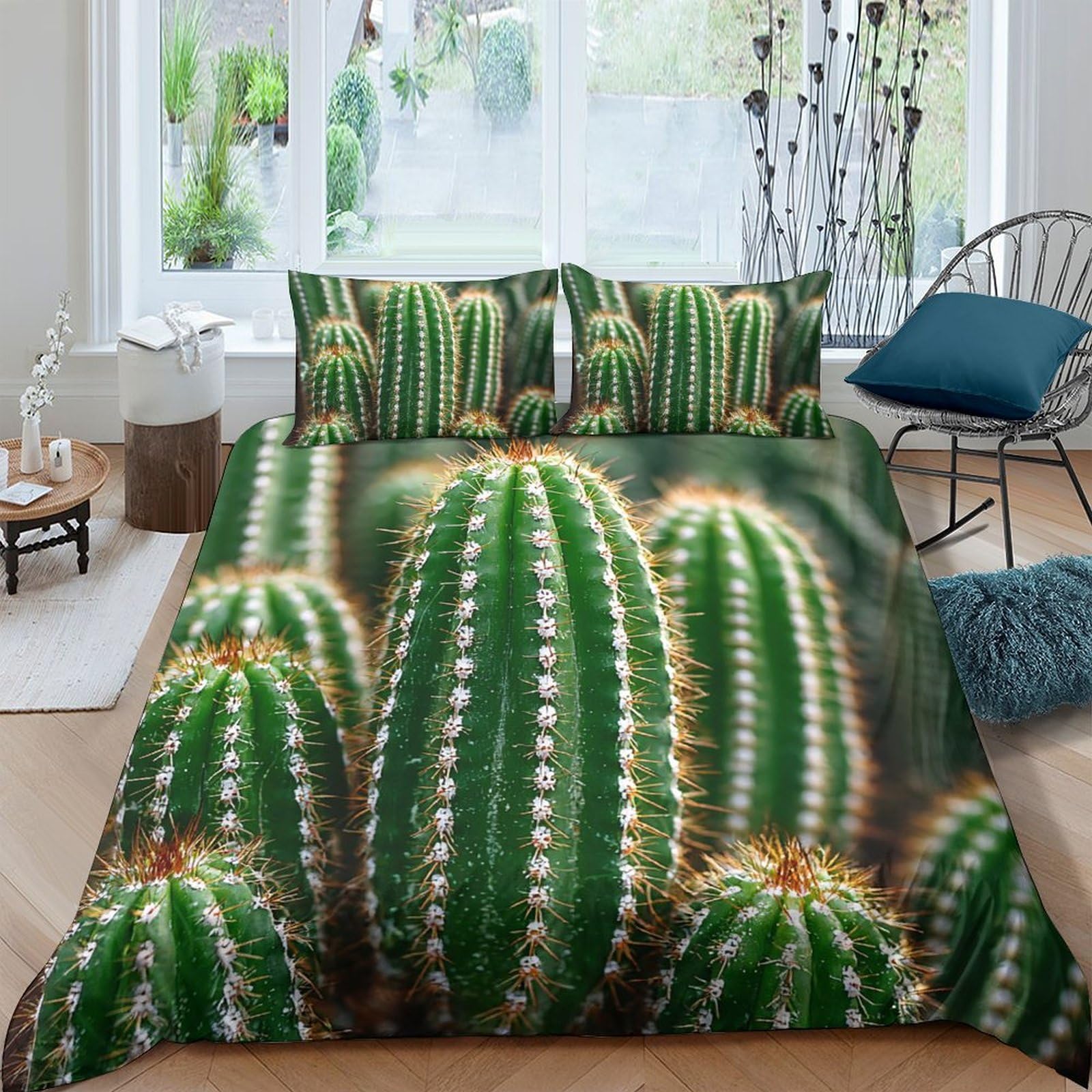 GPLZQXKJNH 3D Printed Cactus Green Desert Duvet Cover Microfiber Breathable Succulent Bedding Set with 2 Pillowcases for Bedroom Decor Single（135x200cm）