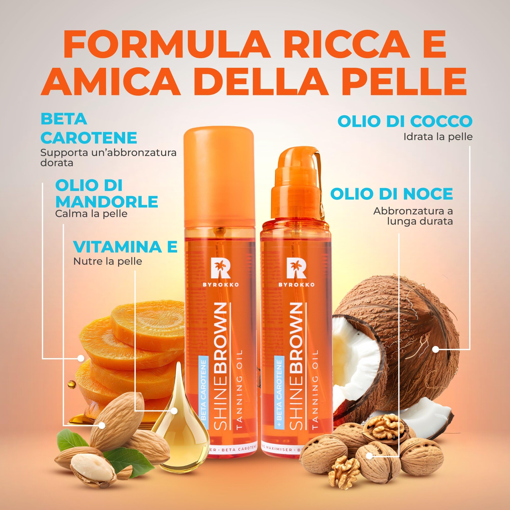 BYROKKO Shine Brown Beta Carotene Abbronzante Acceleratore, Gel abbronzante alla carota, efficace in lettini e sole all'aperto, crema naturale per lettino abbronzante, 200 ml (olio beta carotene 150