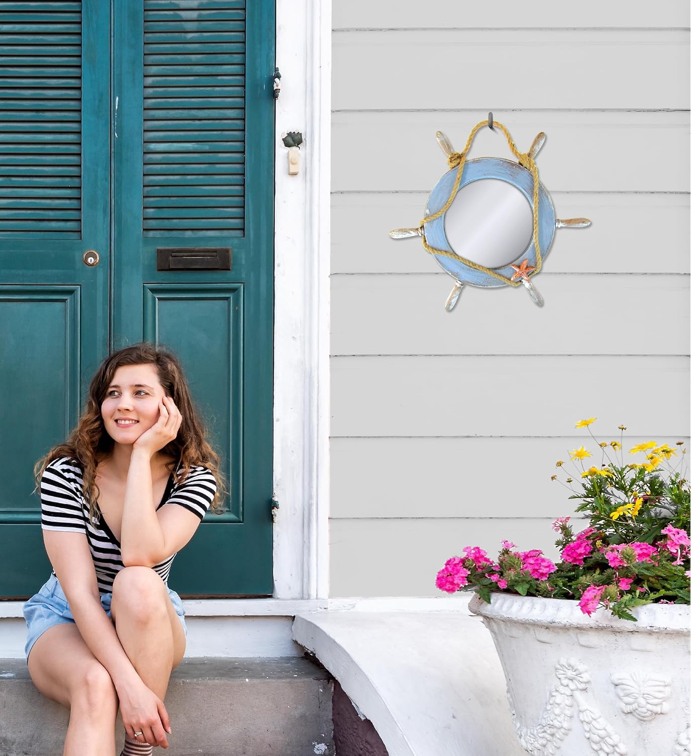 Puzzled COTA Global Pacific Mirror Boat Wheel Nautical Decor - Nautical Themed Wood Mirror, Beach Decor for Wall, Novelty Blue Boat Wheel Mirror with Rope and Starfish Wooden Figure