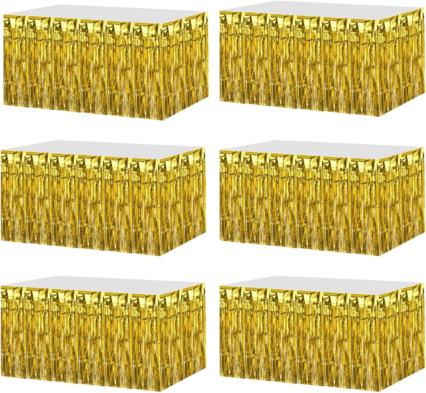 sourcing map 6 Pack 29x108 Inch Gold Metallic Foil Fringe Tinsel Table Skirts for Rectangle Tables Tinsel Backdrop Curtain for Wedding Birthday Anniversary Party