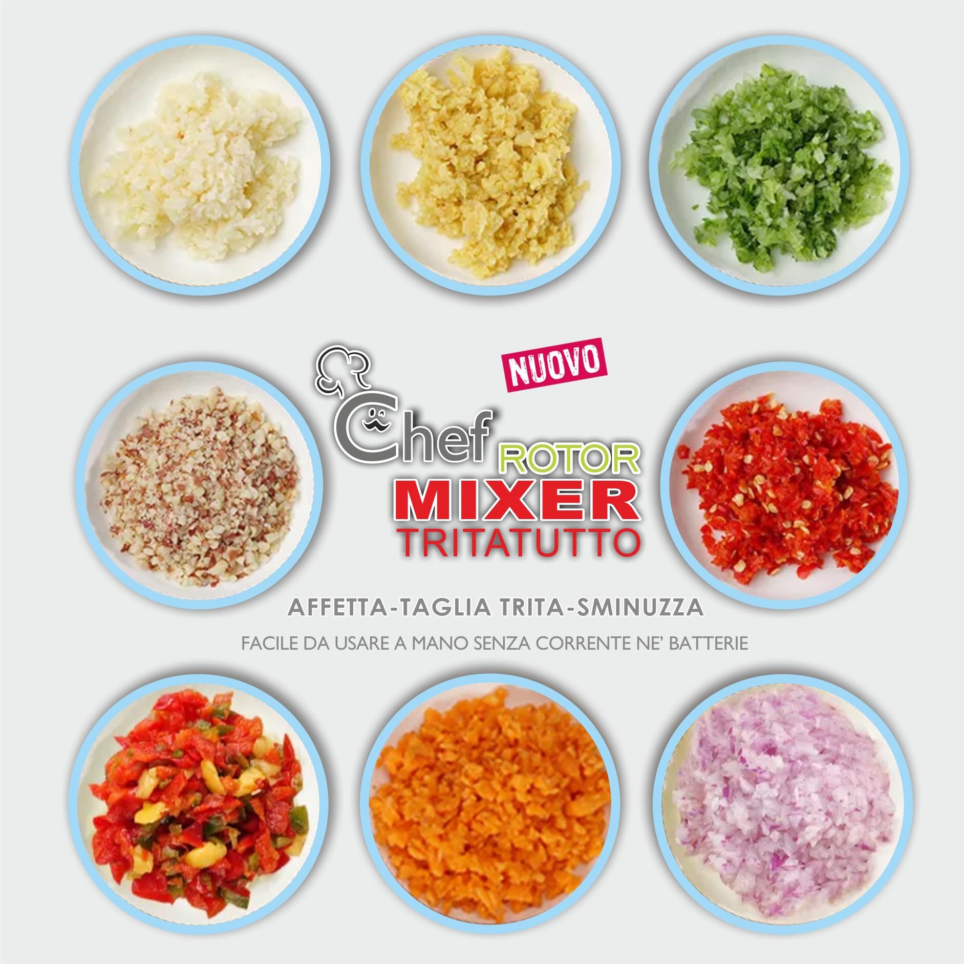 Meridiana CHEF ROTOR Mixer Tritatutto da Cucina, 5 Lame Acciaio Inox, Doppio Contenitore 900 ml + 400 ml, Bianco