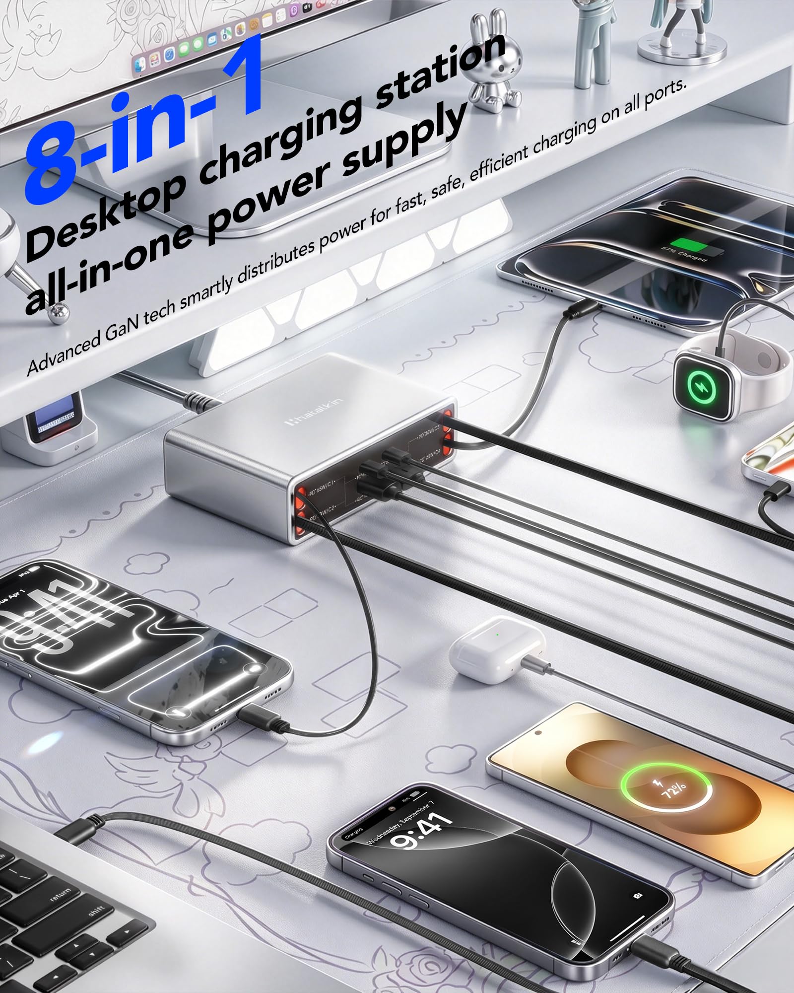 Chargeur rétractable 8 en 1 USB C, station de charge 105 W, plusieurs