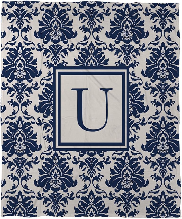 Manual Woodworkers & Weavers Coral Fleece Throw, 50 by 60-Inch, Monogrammed Letter U, Blue Damask
