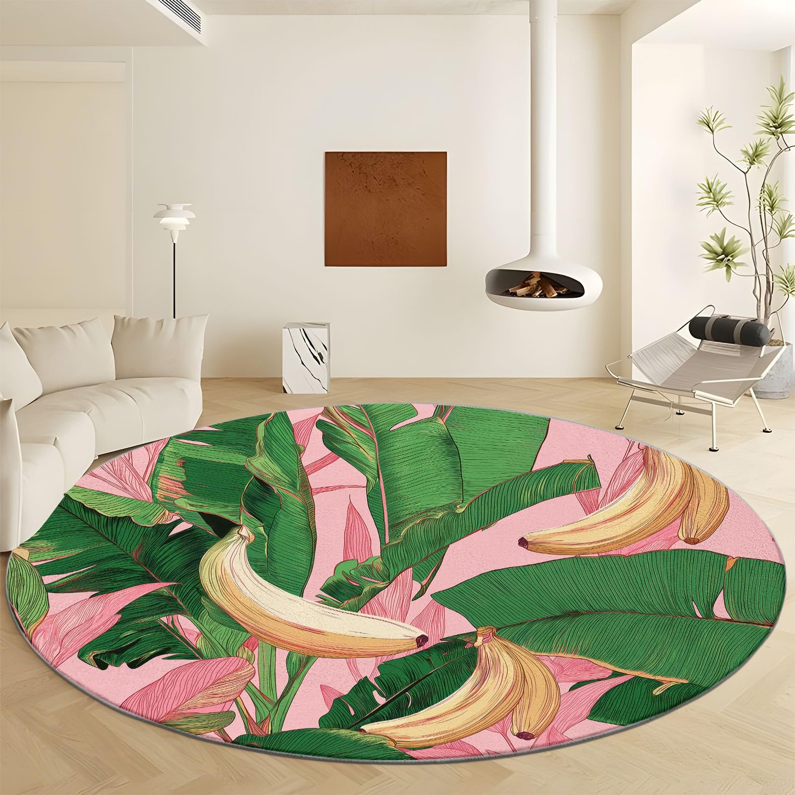Tapis antidérapant et lavable rond 90cm style tropical