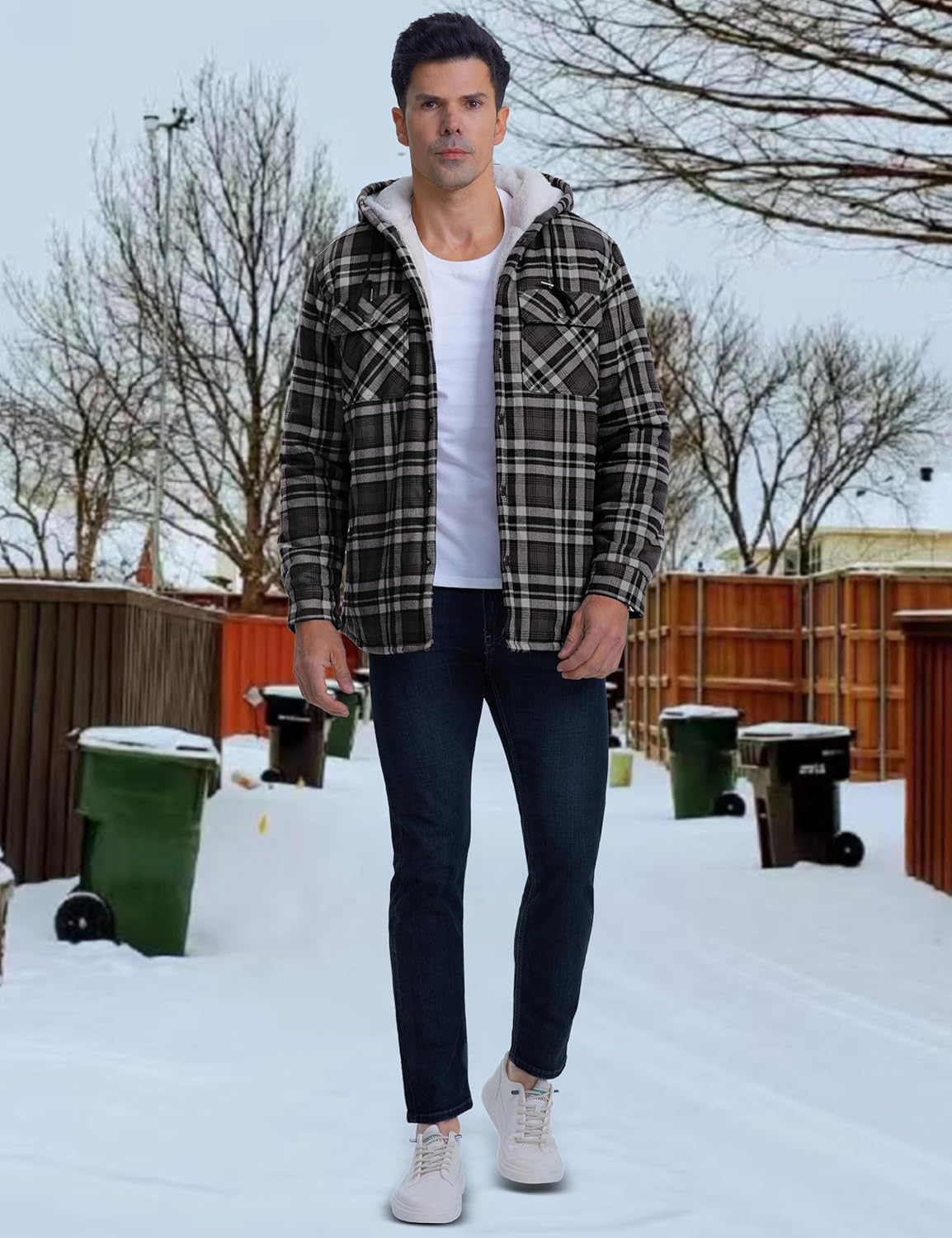 CRYSULLY Men's Flannel Jackets Sherpa Fleece Lined Hoodies Soft Warm Plaid Shirt Jacket Cotton Button Winter Coat with Hood - Image 3