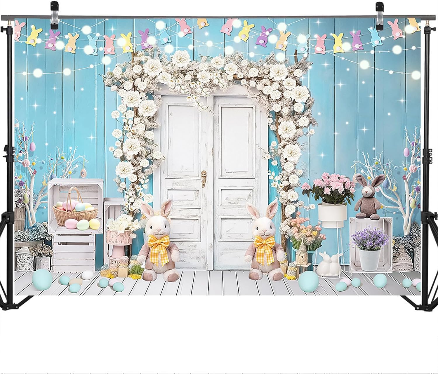 Mocsicka Spring Easter Backdrop Blue and White Rustic Door Spring Photography Backdrops Floral Bunny Rabbit Colorful Eggs Easter Day Photo Background Photo Studio Props (10x8ft)