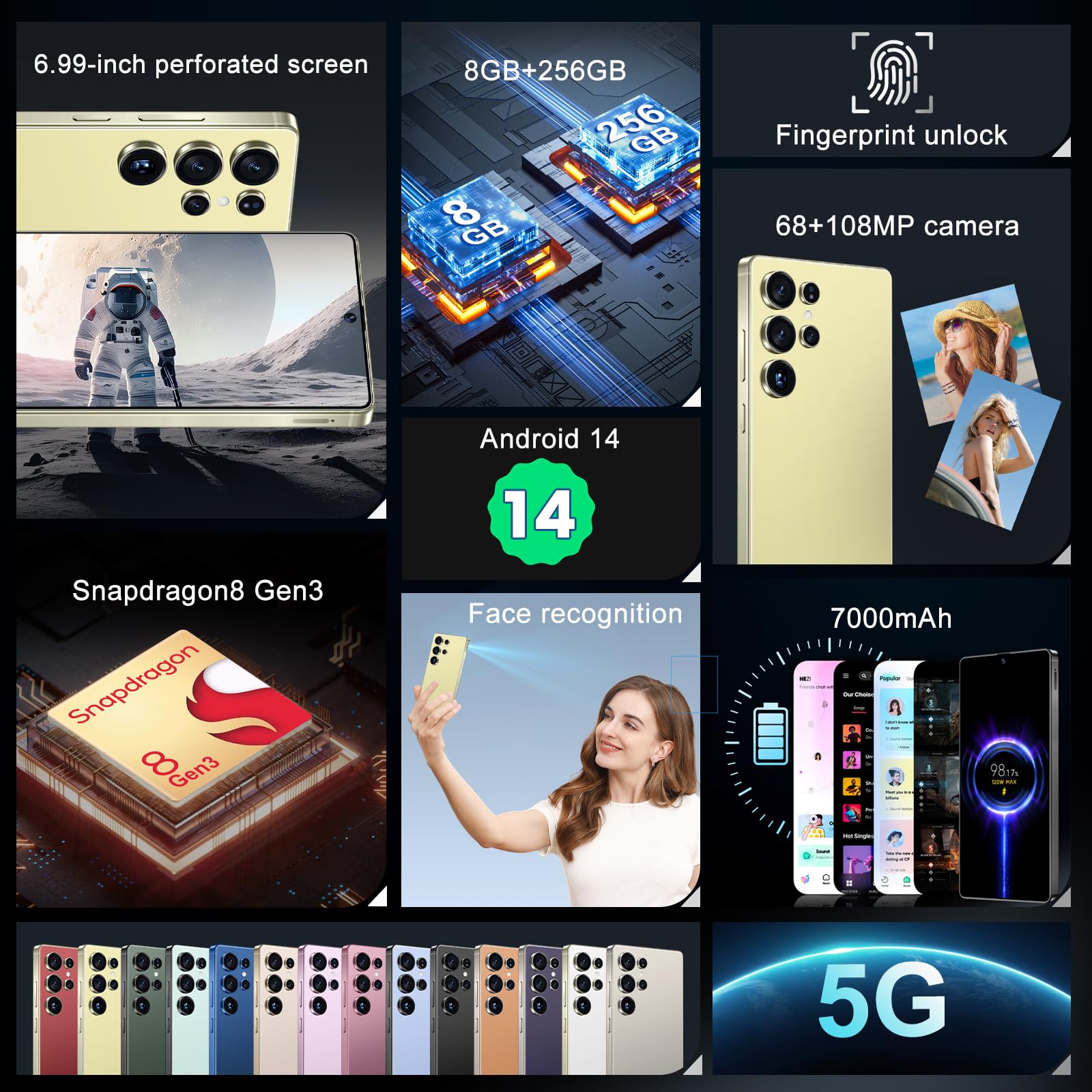 MMY I25 Ultra 5G Unlocked Smartphone,16GB+512GB Fully Cell Phone for Android 14, 6.99" Unlocked Cell Phone, 7000mAh, 68MP+108MP Dual Camera/Dual SIM/Fingerprint Lock/Face (Yellow)