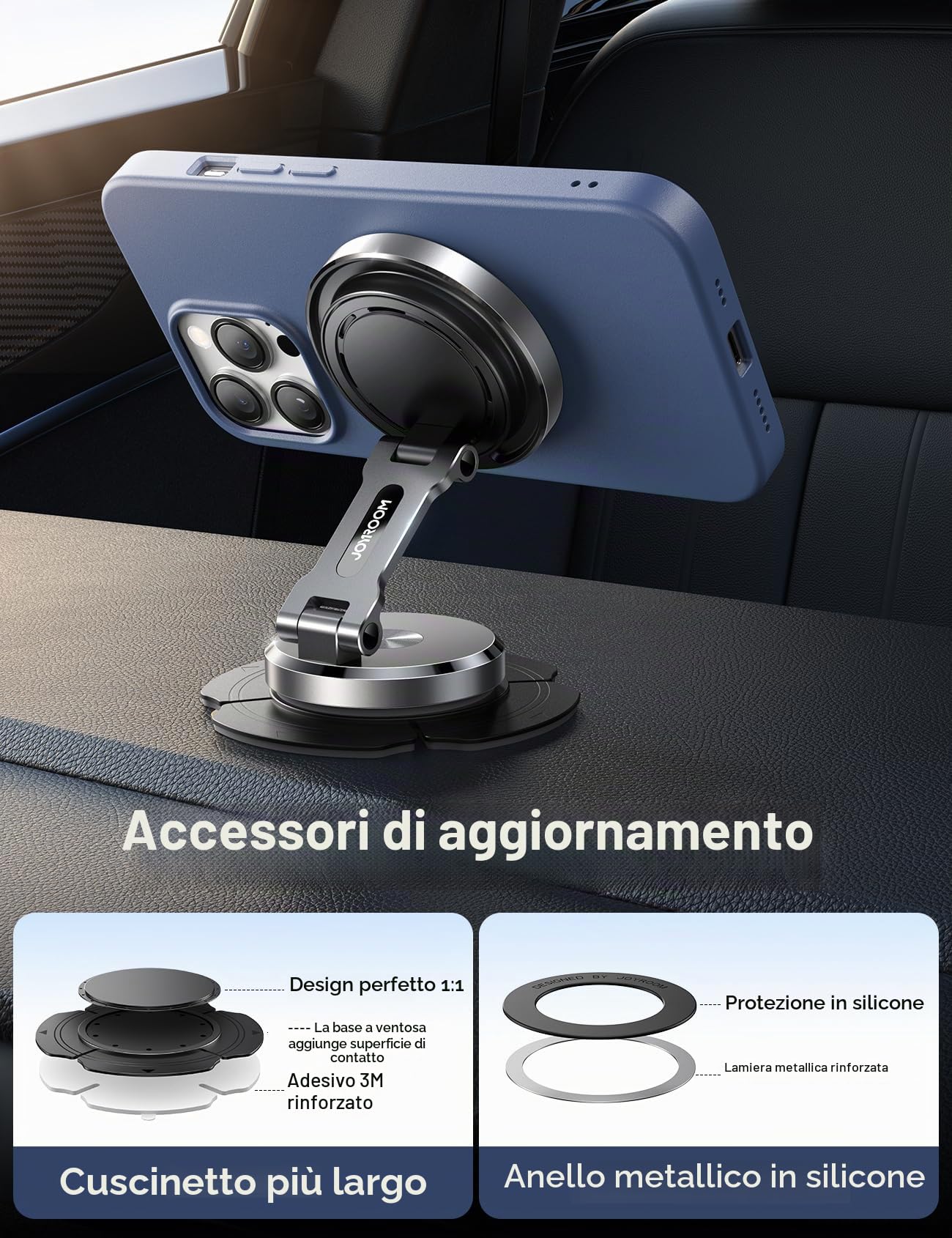 JOYROOM Supporto Telefono Auto da 15W con Funzione di Ricarica [Rotazione Doppia Lato] Caricatore Wireless Auto per Cruscotto,Portatelefono da Automobile per iPhone 17 16 15 14 13 Pro Max Plus,Argento