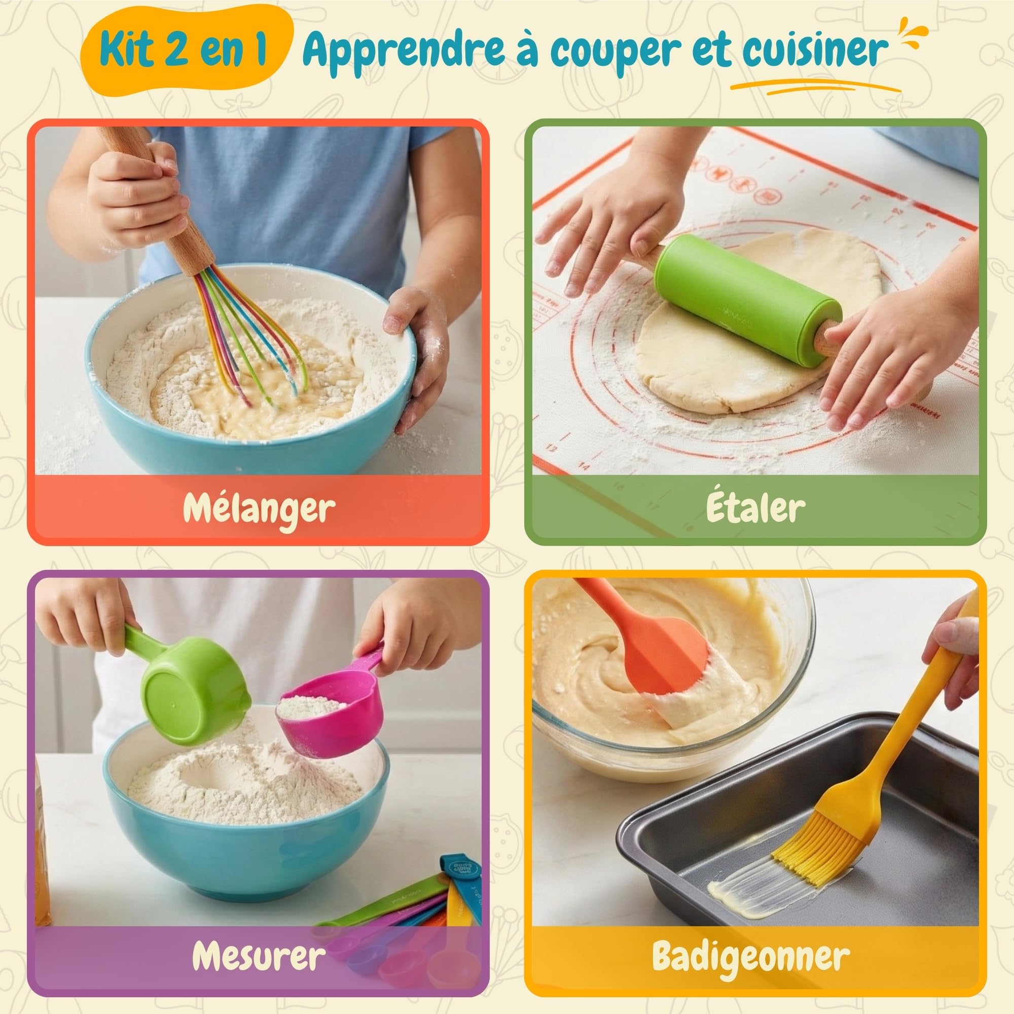 Kit Cuisine Enfant Montessori avec Couteaux Sécurisés - Vrais Ustensiles sans BPA, Set Couteau et Planche à découper, Coffret Cadeau Petit Chef 3 Ans