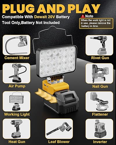 Vista 43 de LIVOWALNY Luz de trabajo LED compatible con batería Dewalt de 20 V, linterna inalámbrica de 38 W 3800 LM, herramientas de 20 V, reflector portátil