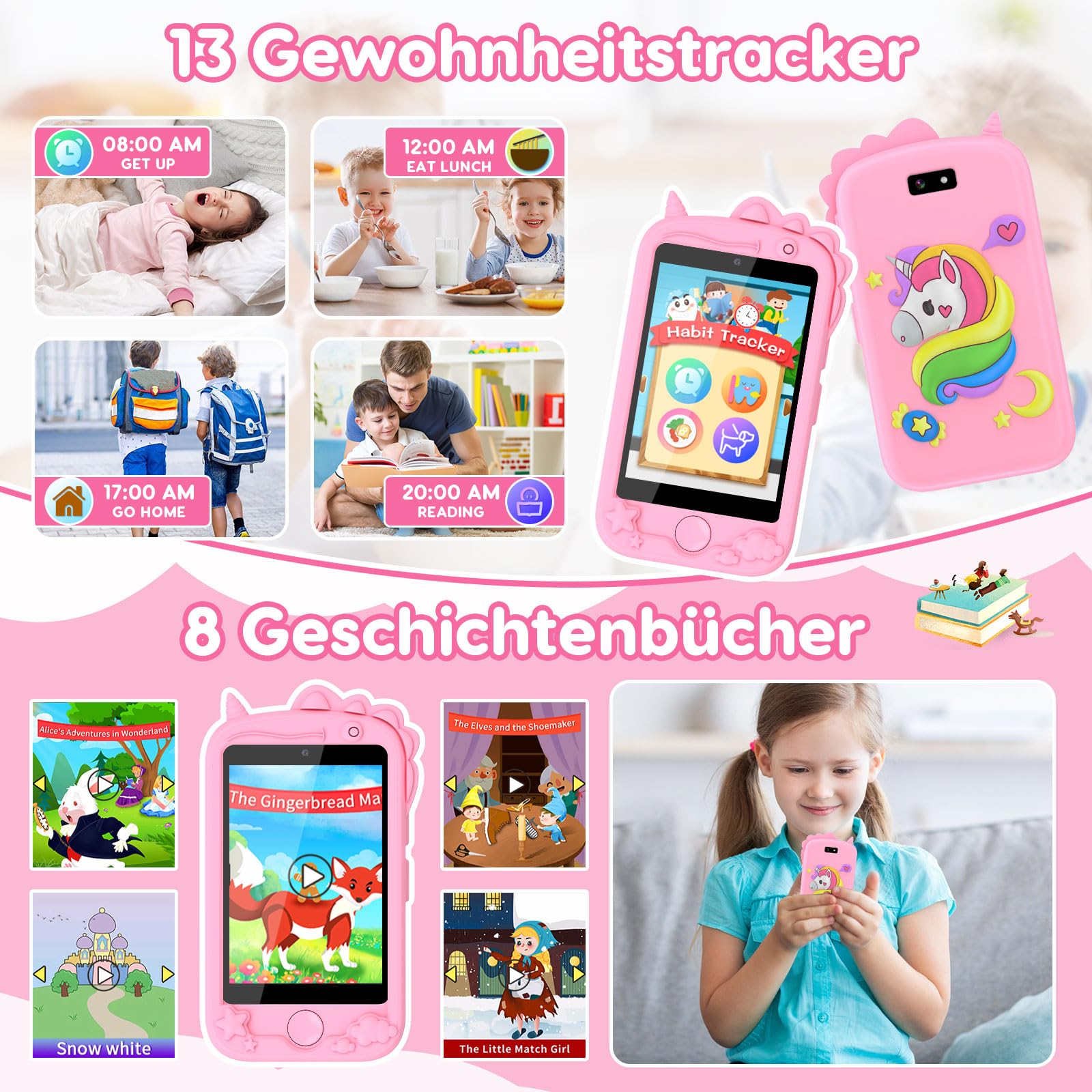 Kinder Handy, Kinder Kamera, Kinder Smartphone, Kinderhandy Spielzeug Mit Telefonkarte, Mit 28 Spiele Anruf SOS Kamera Musik Wecker. Einhorn-Geschenkspielzeug 3-9 Jahre Geschenke (Rosa)