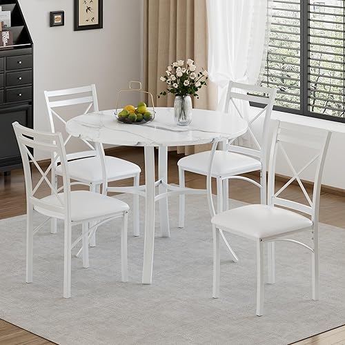 Miniatura 11 de VECELO Juego de mesa de comedor de 5 piezas para 4 personas con sillas, mesa de mármol sintético, espacio pequeño, cocina, rincón de desayuno, color