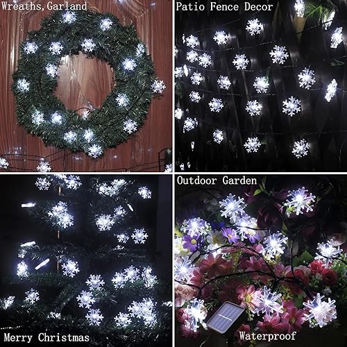 Miniatura 7 de Guirnalda de luces solares de copo de nieve para exteriores, brillantes y de larga duración, 50 luces LED solares de Navidad al aire libre,