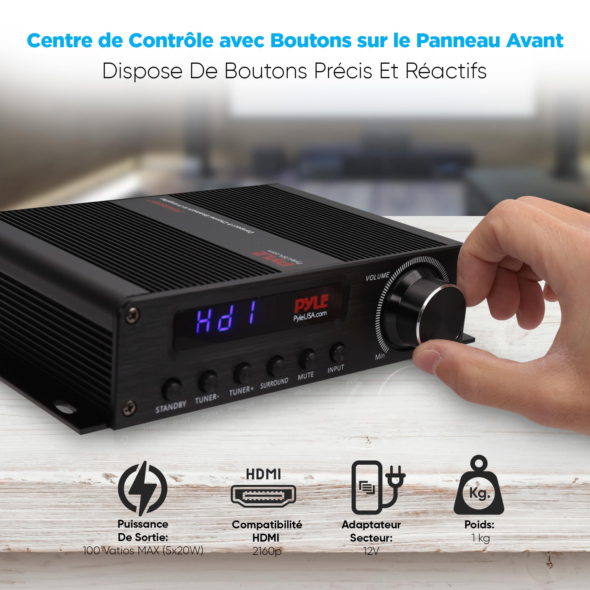 Pyle Amplificateur Home Cinéma Bluetooth 5.1 Canaux – Récepteur Audio Vidéo 100 W avec HDMI, Son Surround, Subwoofer, AUX, FM, Télécommande, Compatible TV, PC et Haut-Parleurs